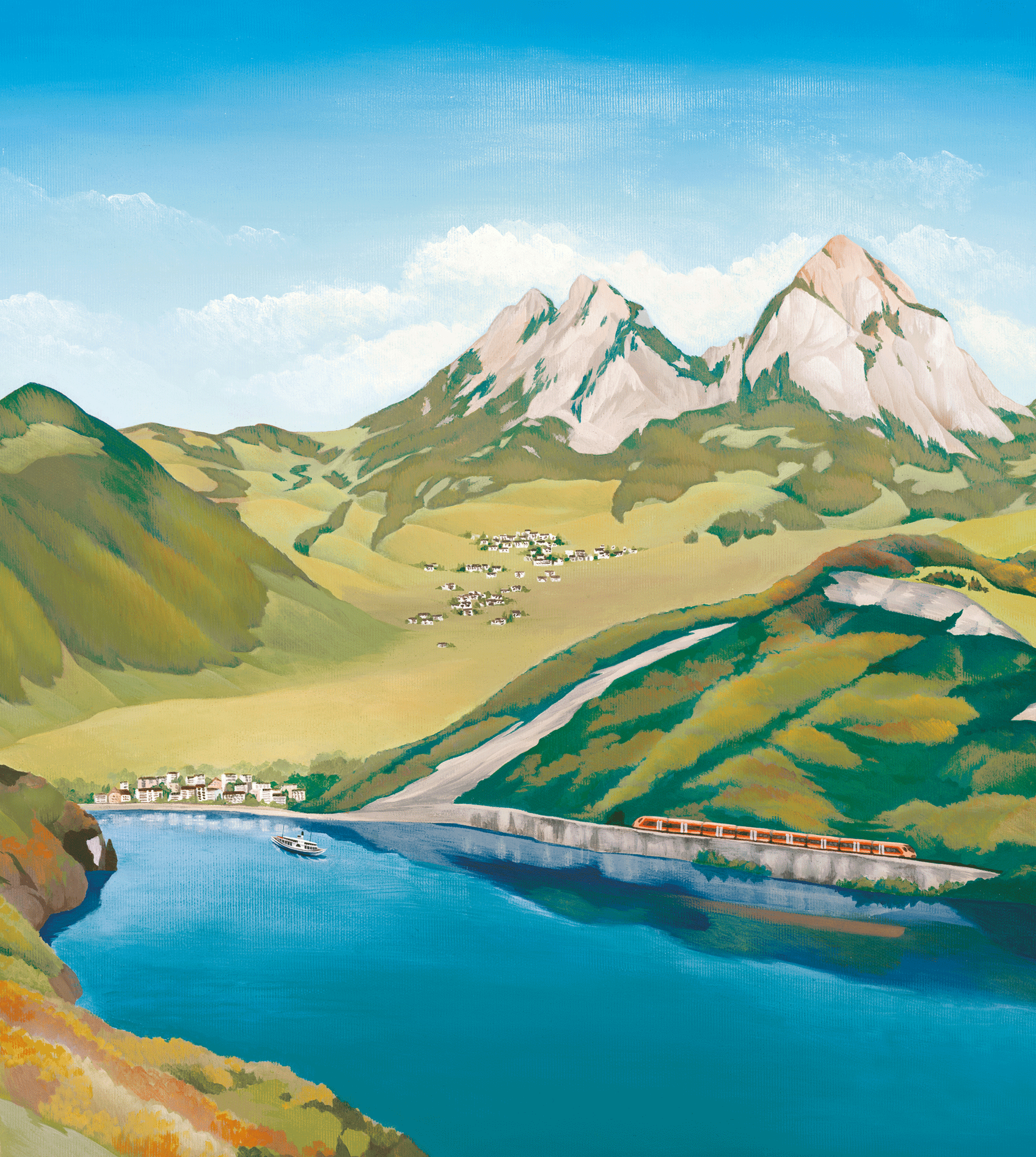 Voralpen-Express con vista sulle suggestive montagne di Mythen, sul lago blu turchese e sulle dolci colline della Svizzera centrale.