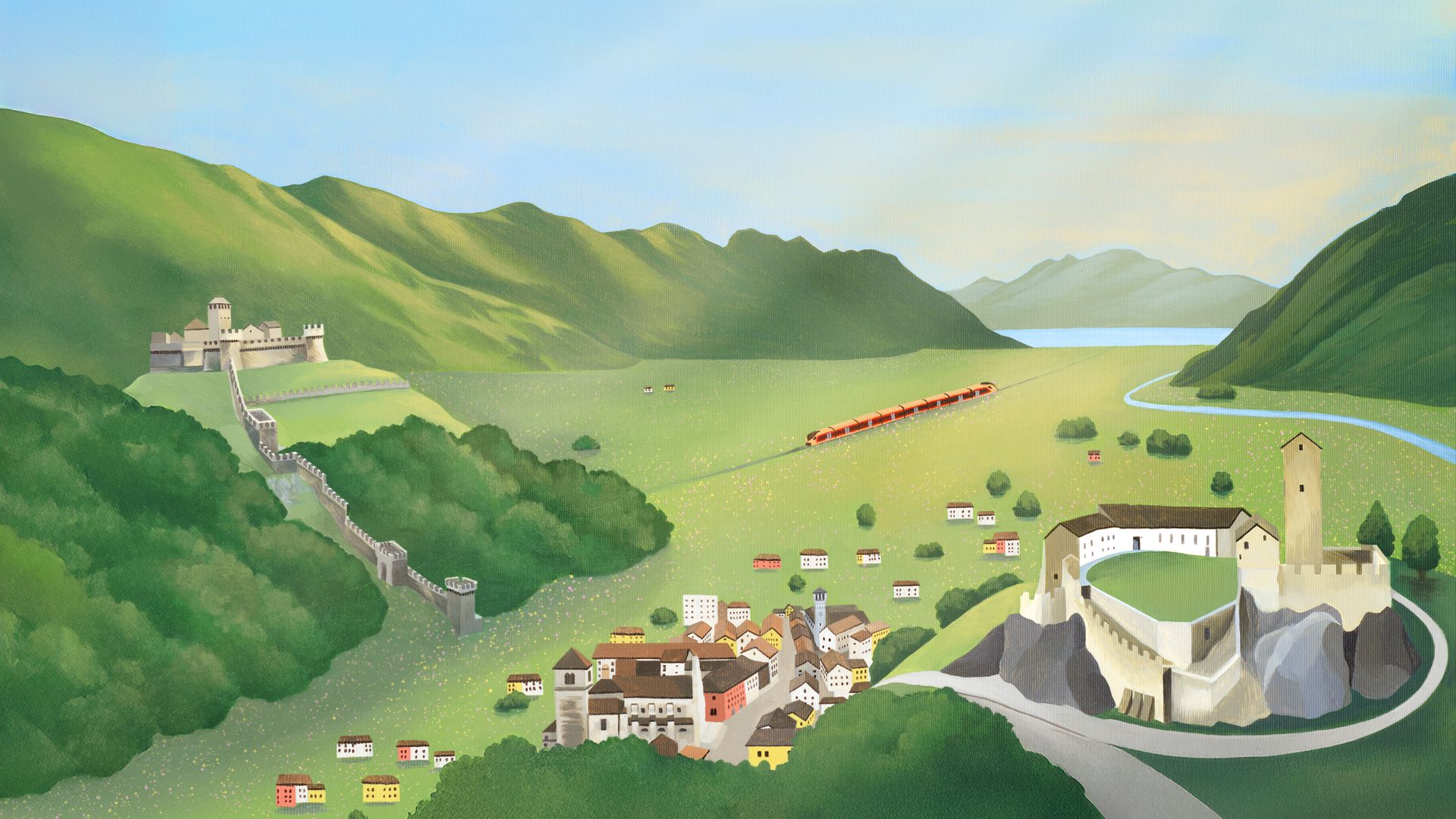 Illustration des Treno Gottardo in Bellinzona Gemaltes Bild von einem kupferfarbenen Zug vor Landschaft