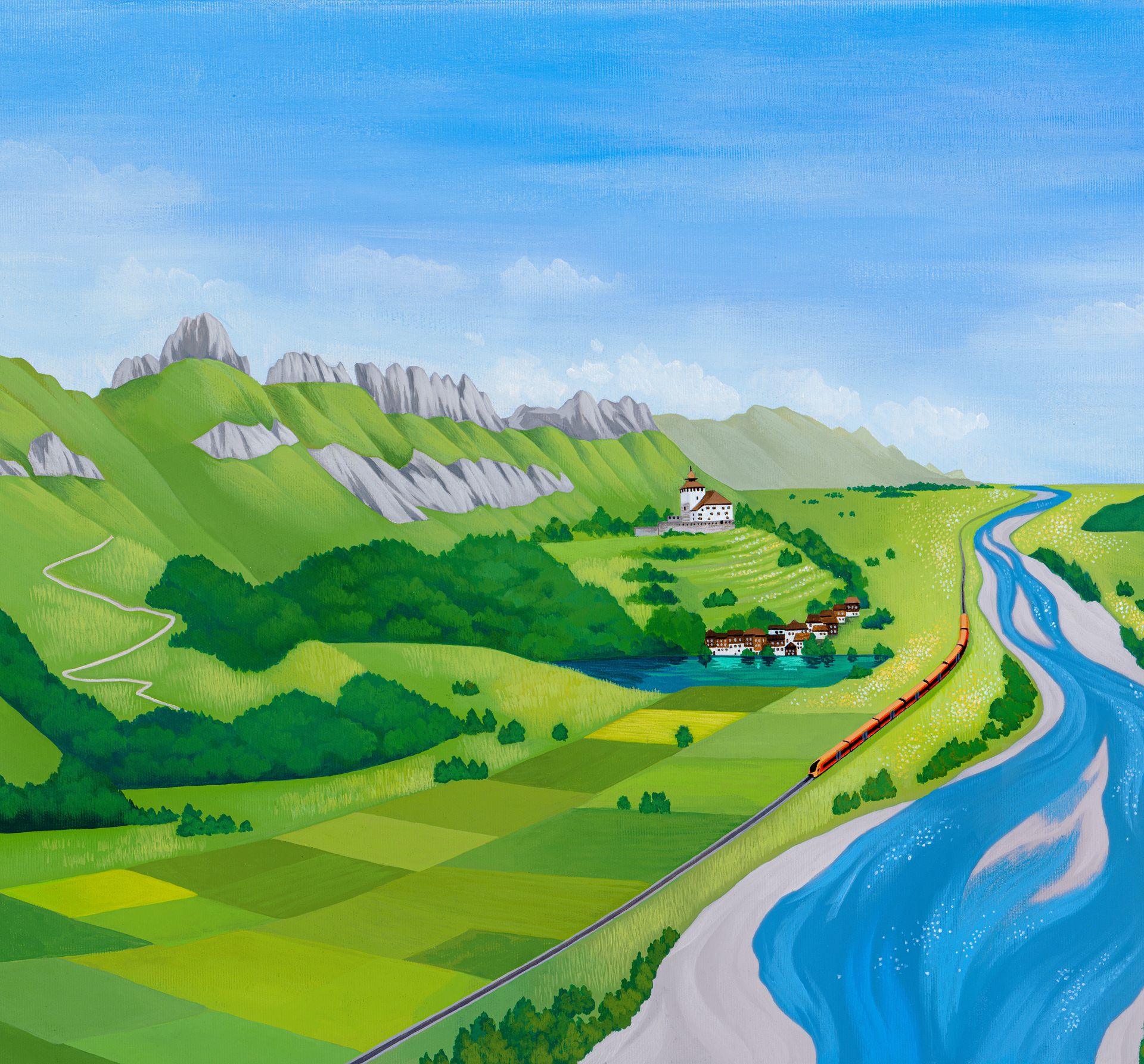 Illustration vom Rheintal mit Bündner Herrschaft, Werdenberg, Rhein und dem Alpenrhein-Express der Südostbahn im Sommer.