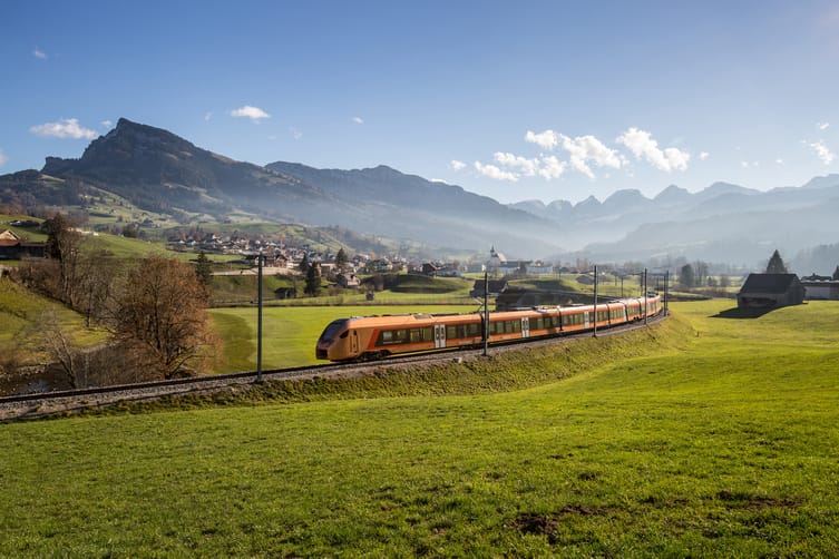 Kupferfarbener Zug fährt durch grünes Tal mit Berg im Hintergrund