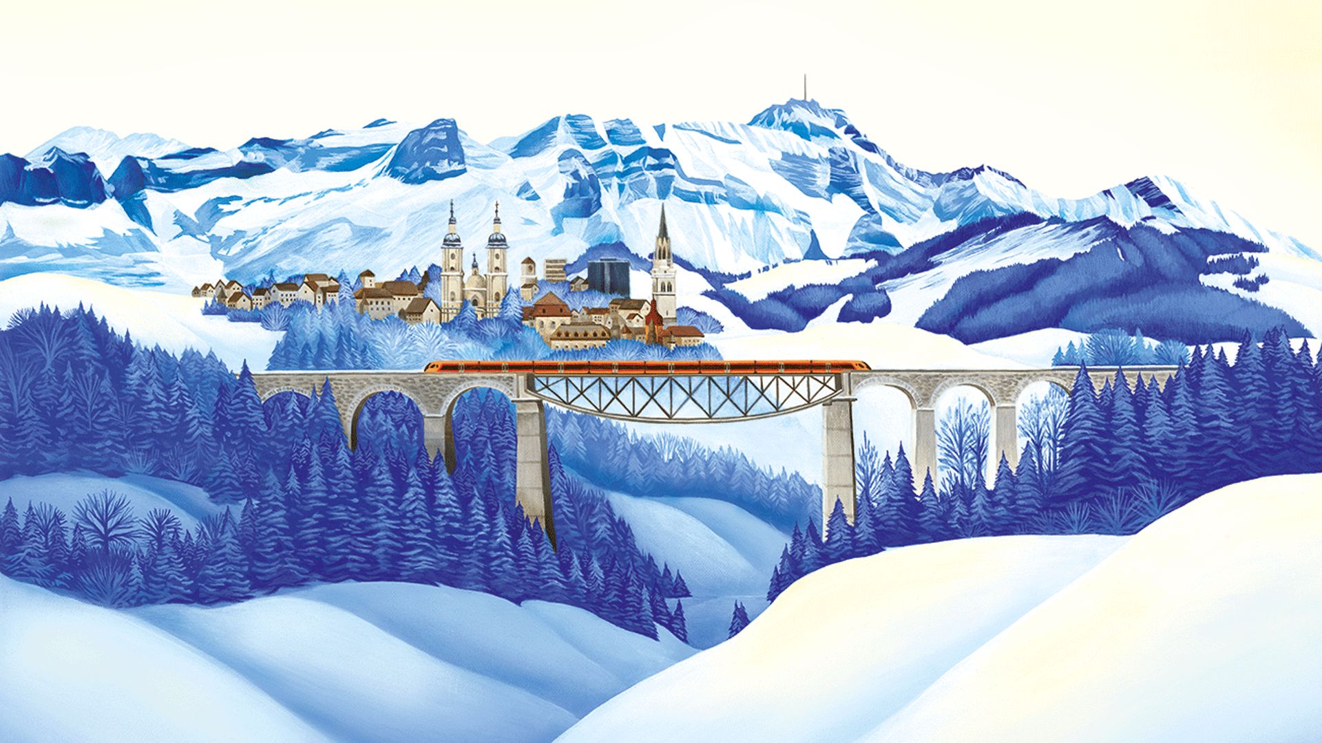 Voralpen-Express on the Sitter Viaduct in St. Gallen with the Säntis in the background The Voralpen-Express travels across the Sitter Viaduct near St. Gallen, with the Säntis rising in the snowy Alpine landscape of Eastern Switzerland in the background.