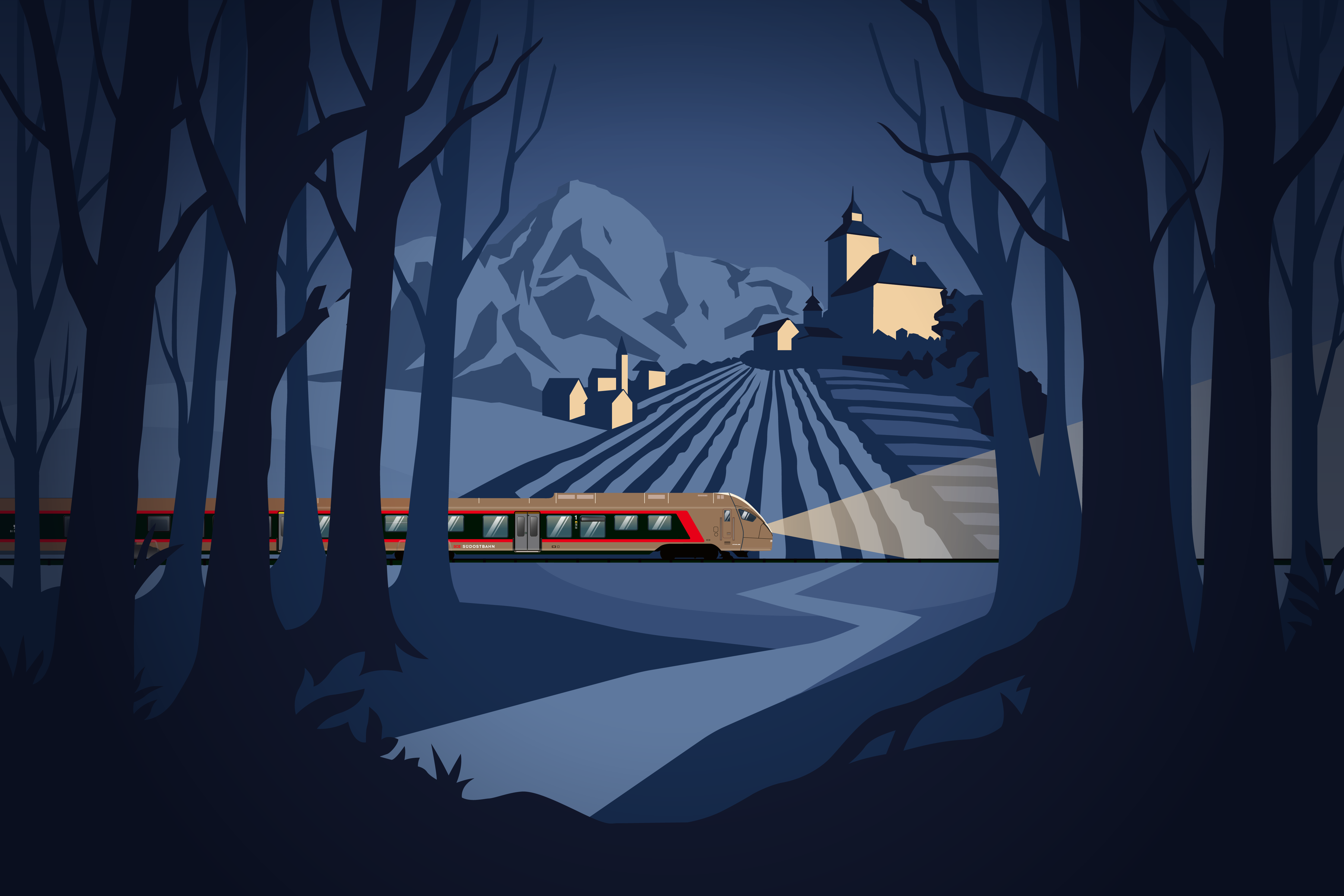Mysteriöse Illustration eines Zug der Südostbahn vor Schloss in Sargans 