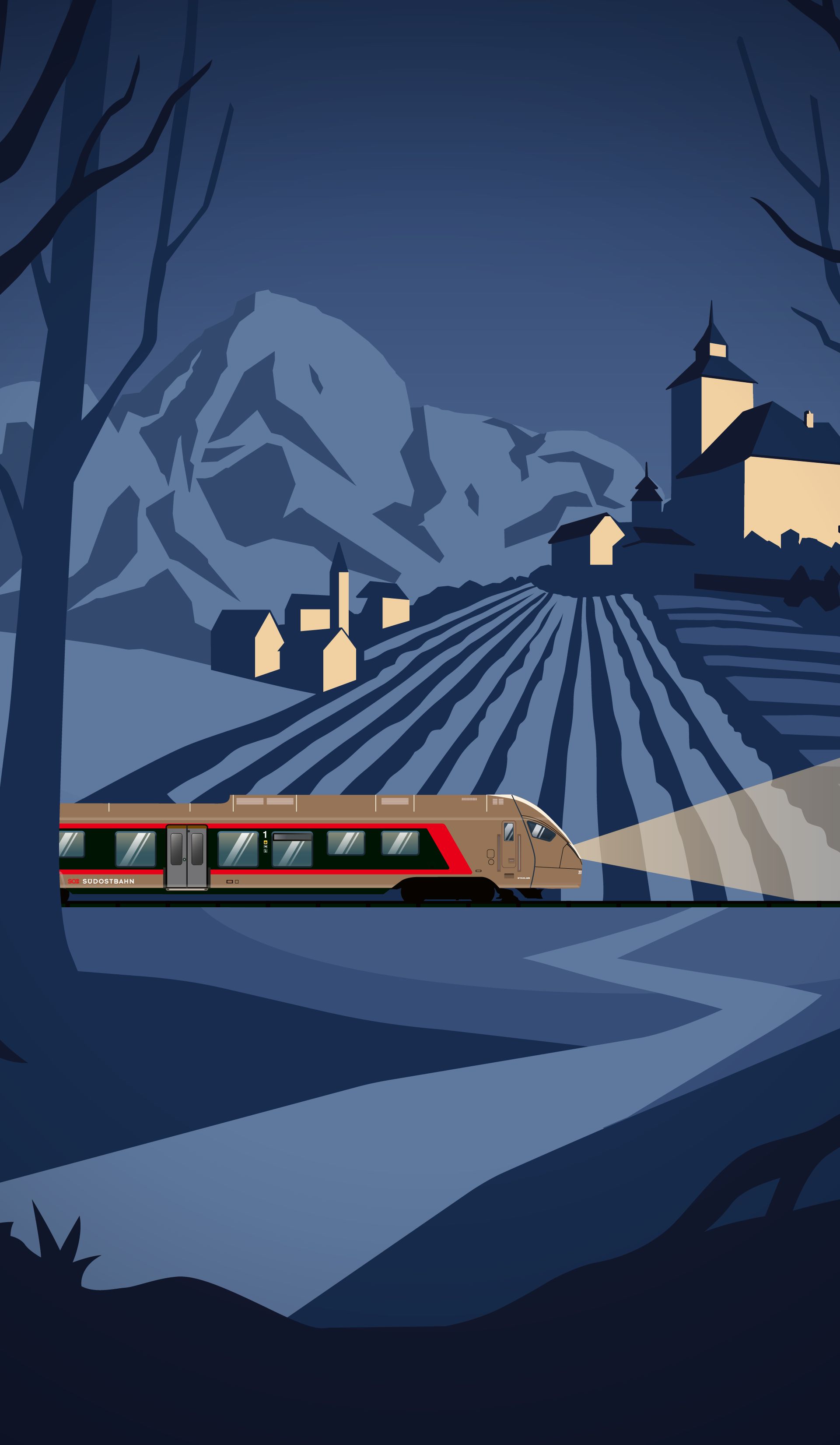 Mysterious illustration of a Südostbahn train in front of Sargans Castle