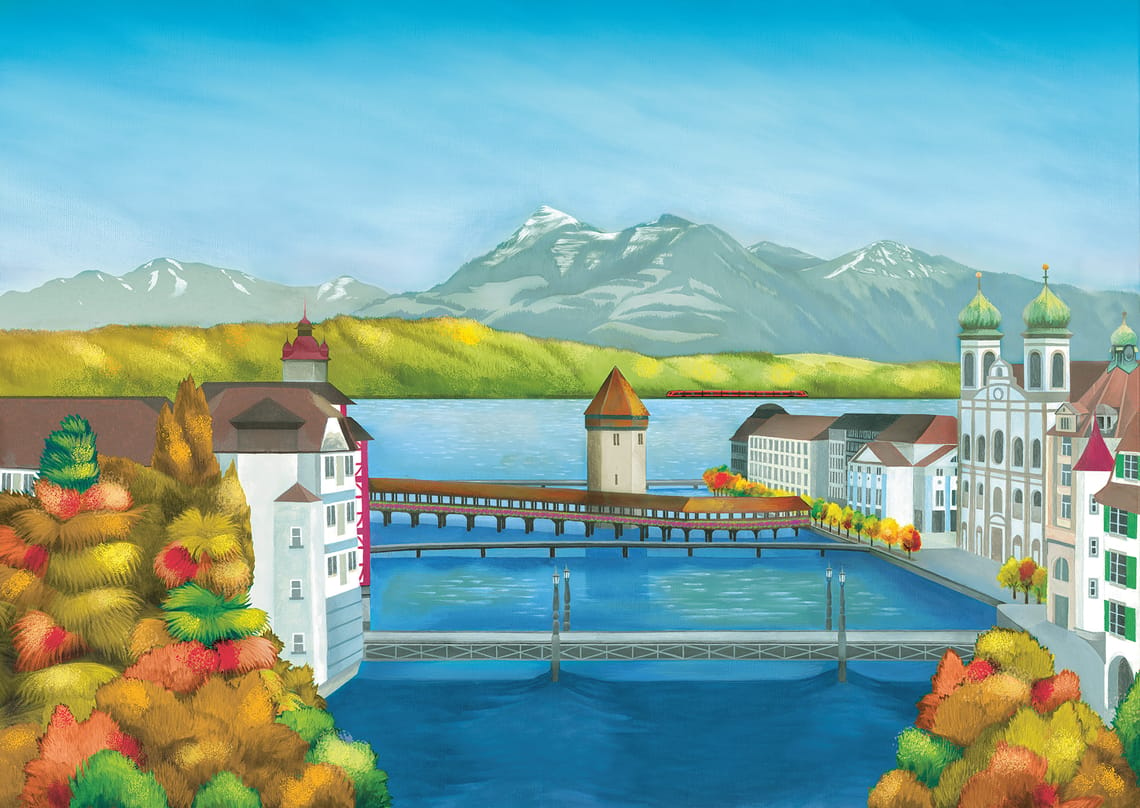 Gemaltes Bild von der Kappelerbrücke in Luzern mit kupferfarbenen Zug im Hintergrund