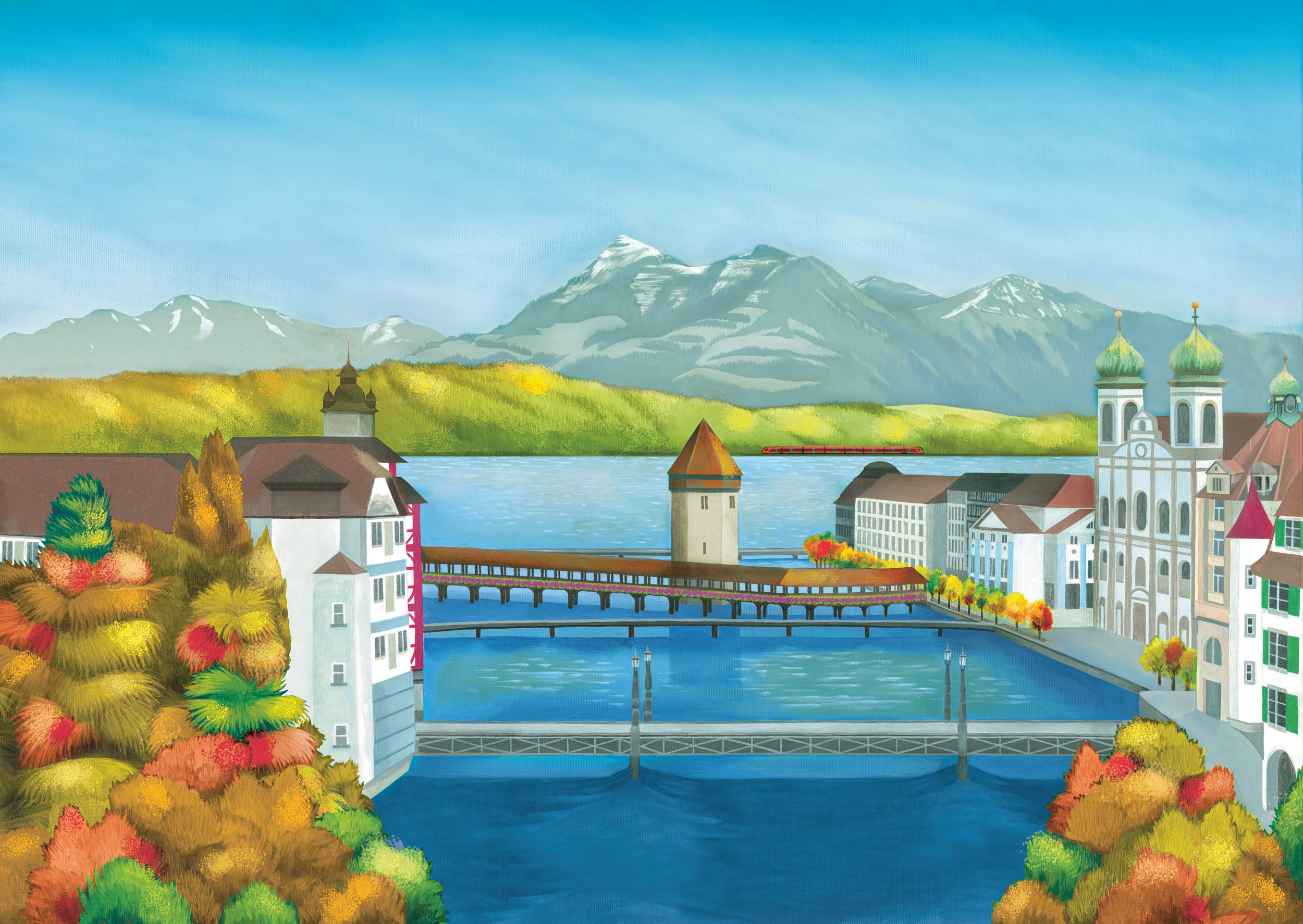 Illustration von Luzern mit Kappelerbrücke, Altstadt, Vierwaldstättersee und dem Voralpen-Express der Südostbahn im Herbst.