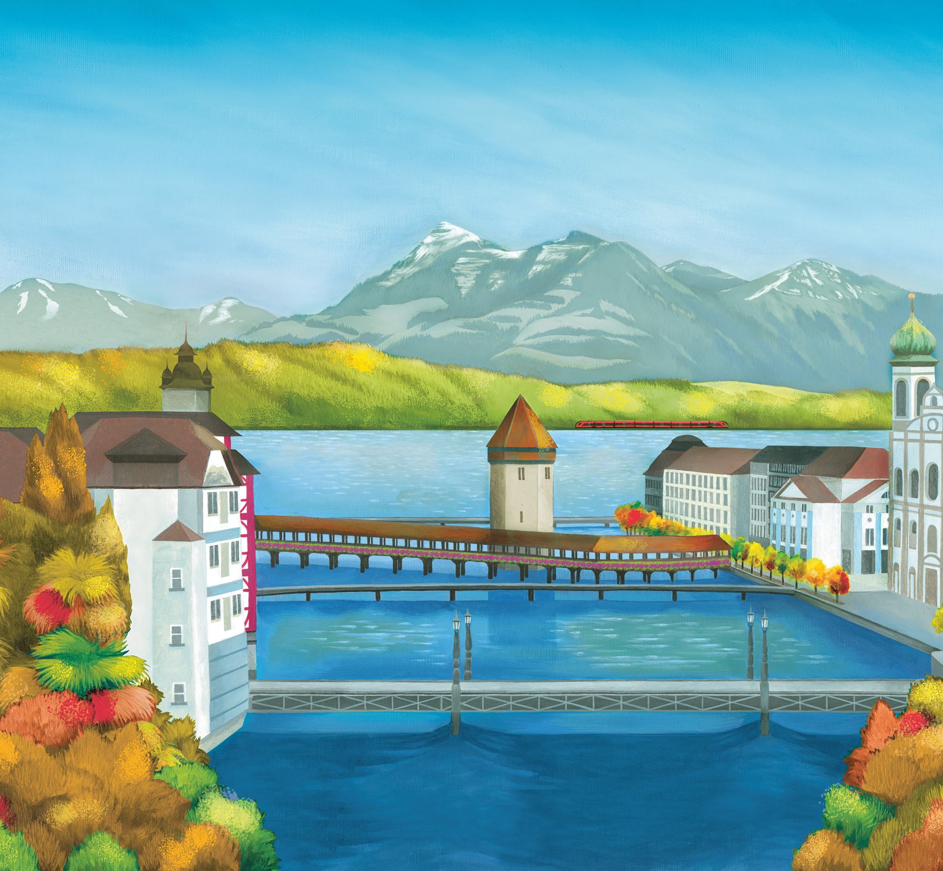 Herbstliche Illustration von Luzern, Kappelerbrücke, Vierwaldstättersee mit dem Voralpen-Express Illustration von Luzern mit Kappelerbrücke, Altstadt, Vierwaldstättersee und dem Voralpen-Express der Südostbahn im Herbst.