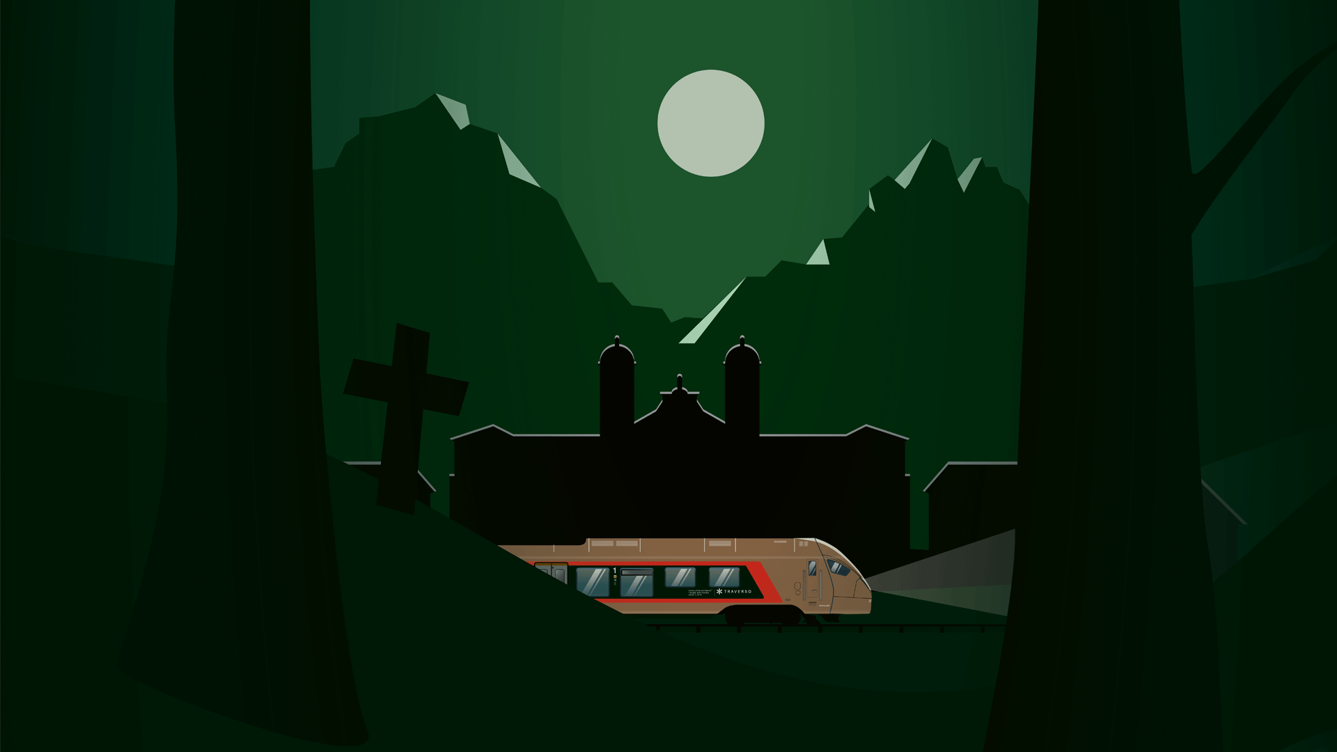 Illustration von einem Traverso Zug der durch einen Friedhof fährt