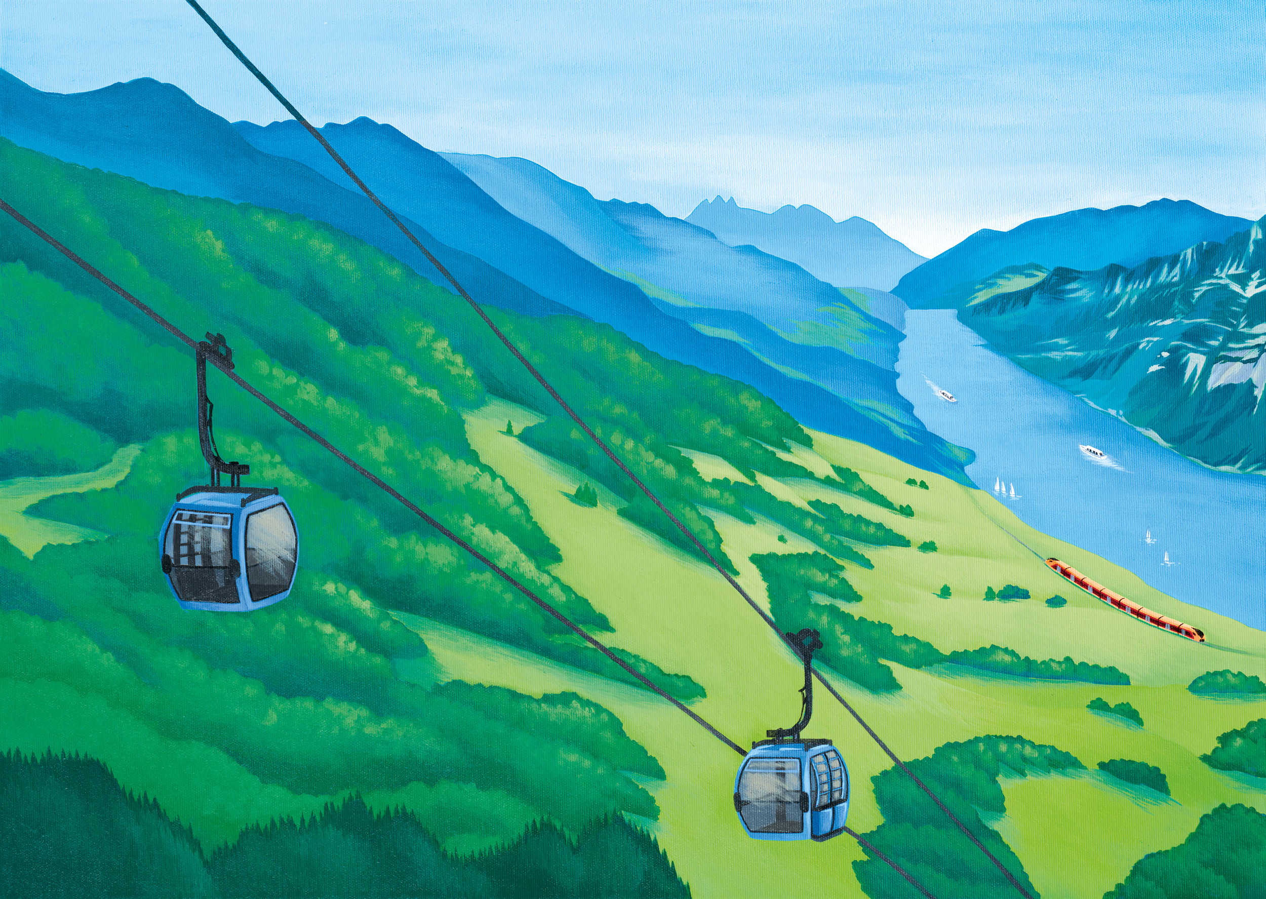 Illustrazione di Flumserberg con la cabinovia, il lago di Walen, i Churfirsten e l’IR Aare Linth della Südostbahn in estate.