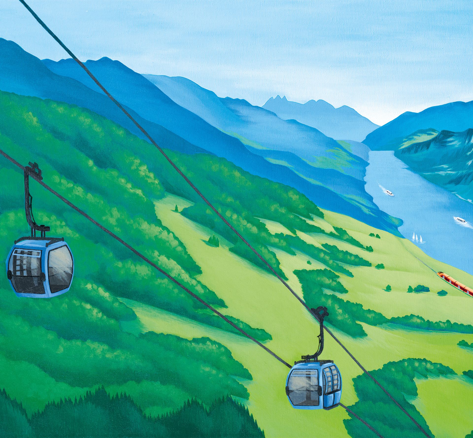 Illustrazione di Flumserberg con la cabinovia, il lago di Walen, i Churfirsten e l’IR Aare Linth della Südostbahn in estate.