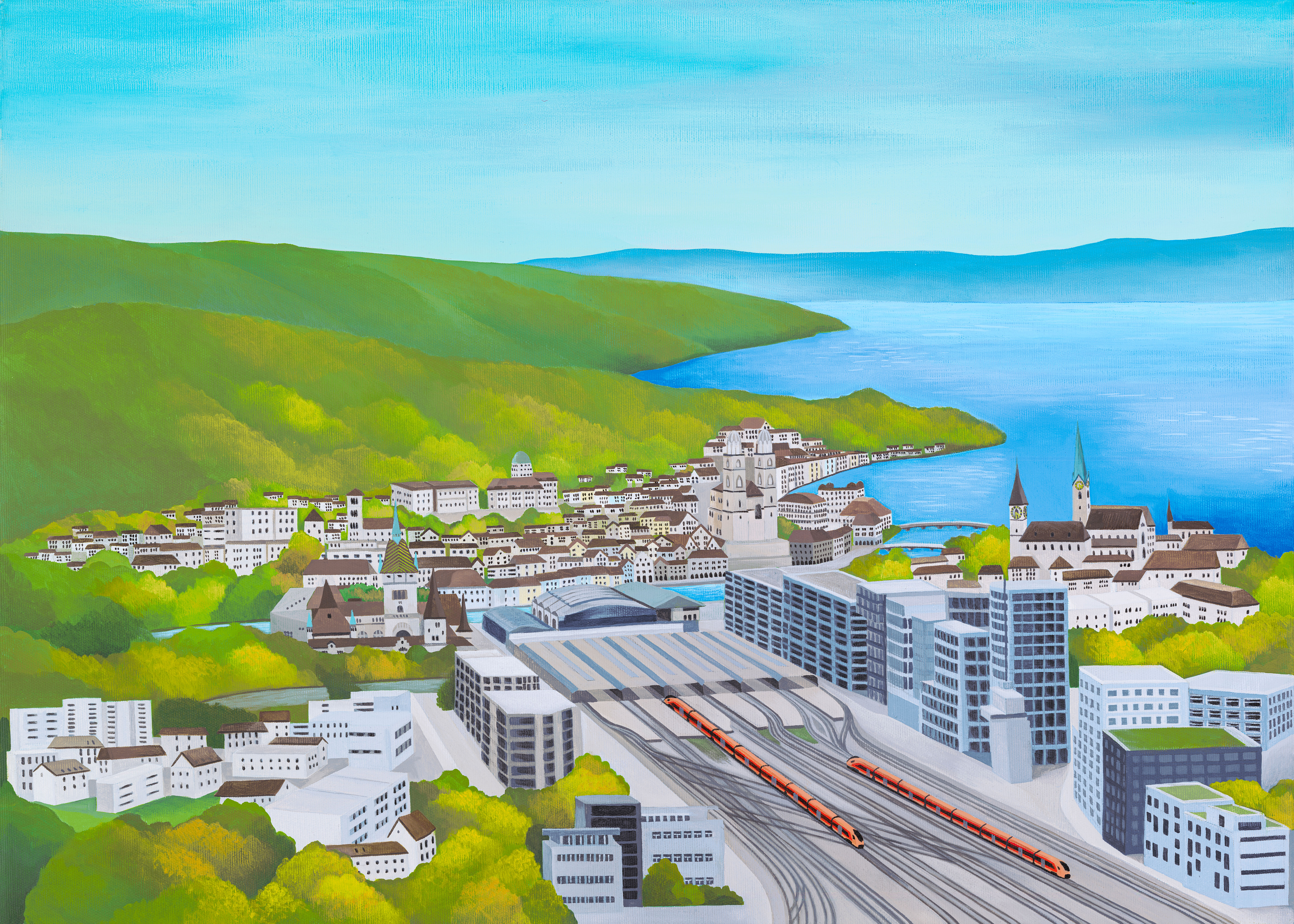 Illustration des Treno Gottardo und IR Aare Linth am Zürich HB