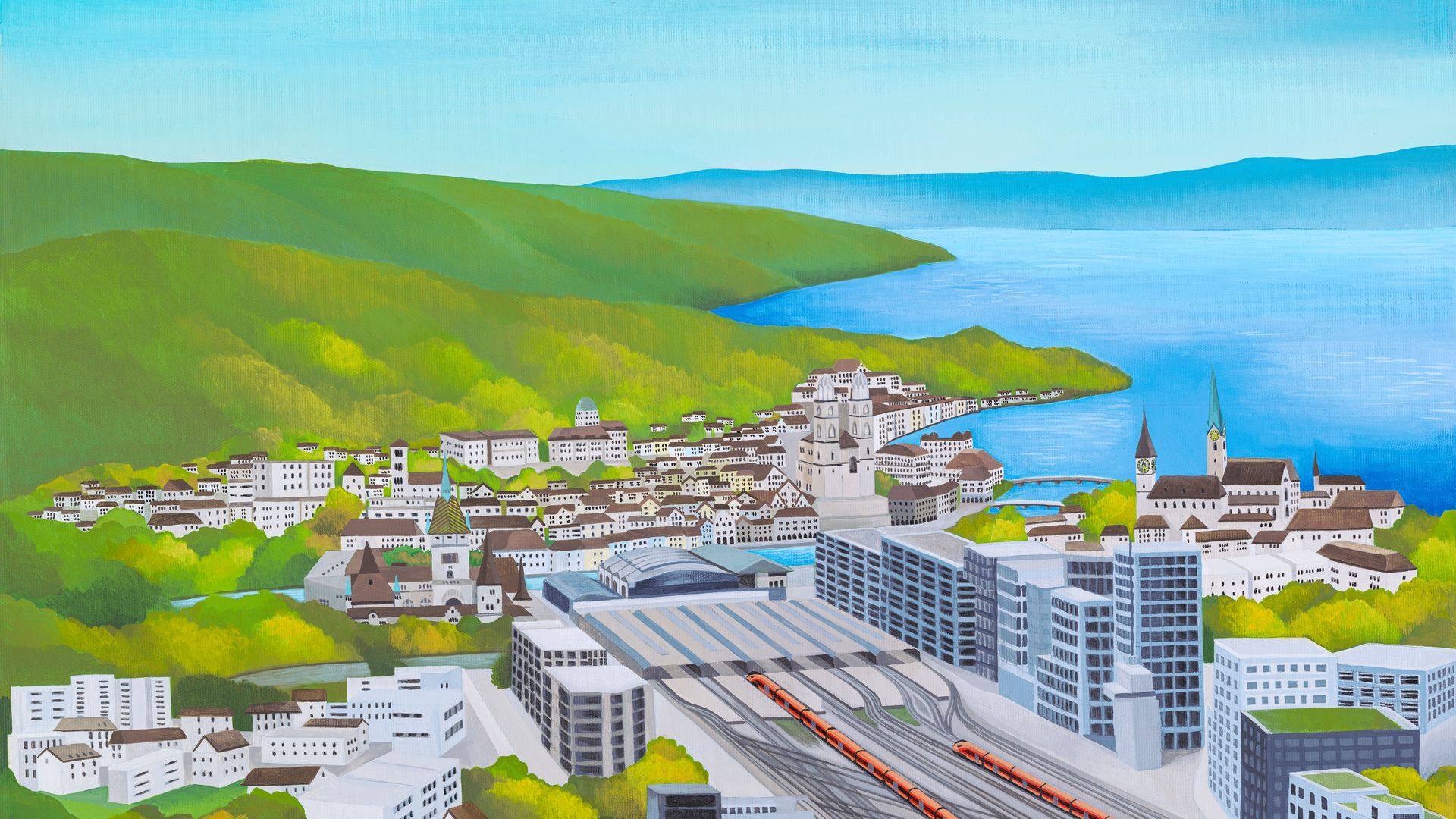 IR Aare Linth e Treno Gottardo alla stazione centrale di Zurigo con vista su Grossmünster, Fraumünster, Landesmuseum, Limmat, Lago di Zurigo e catena montuosa dell'Albis.