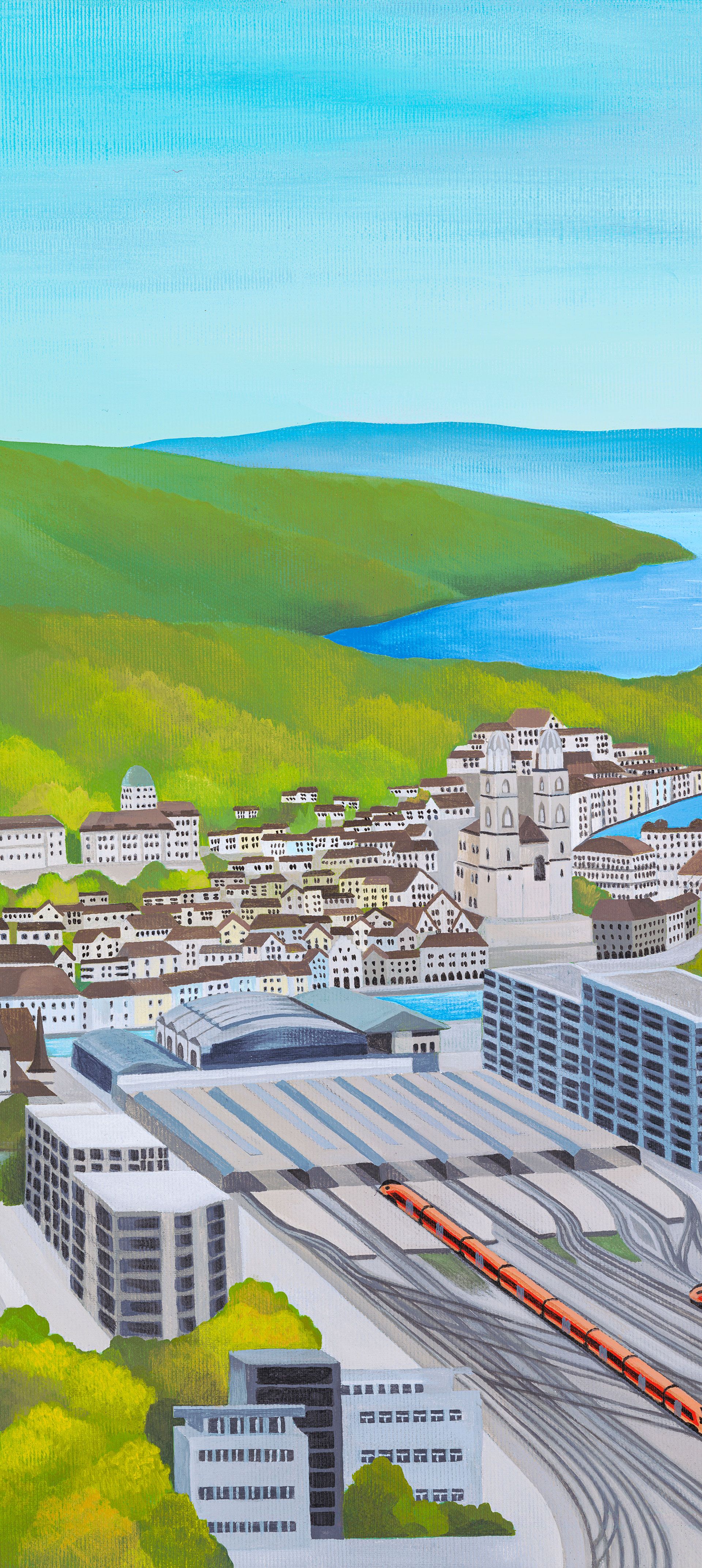 IR Aare Linth und Treno Gottardo im Zürich HB mit Blick auf Grossmünster, Fraumünster, Landesmuseum, Limmat, Zürichsee und Albiskette.