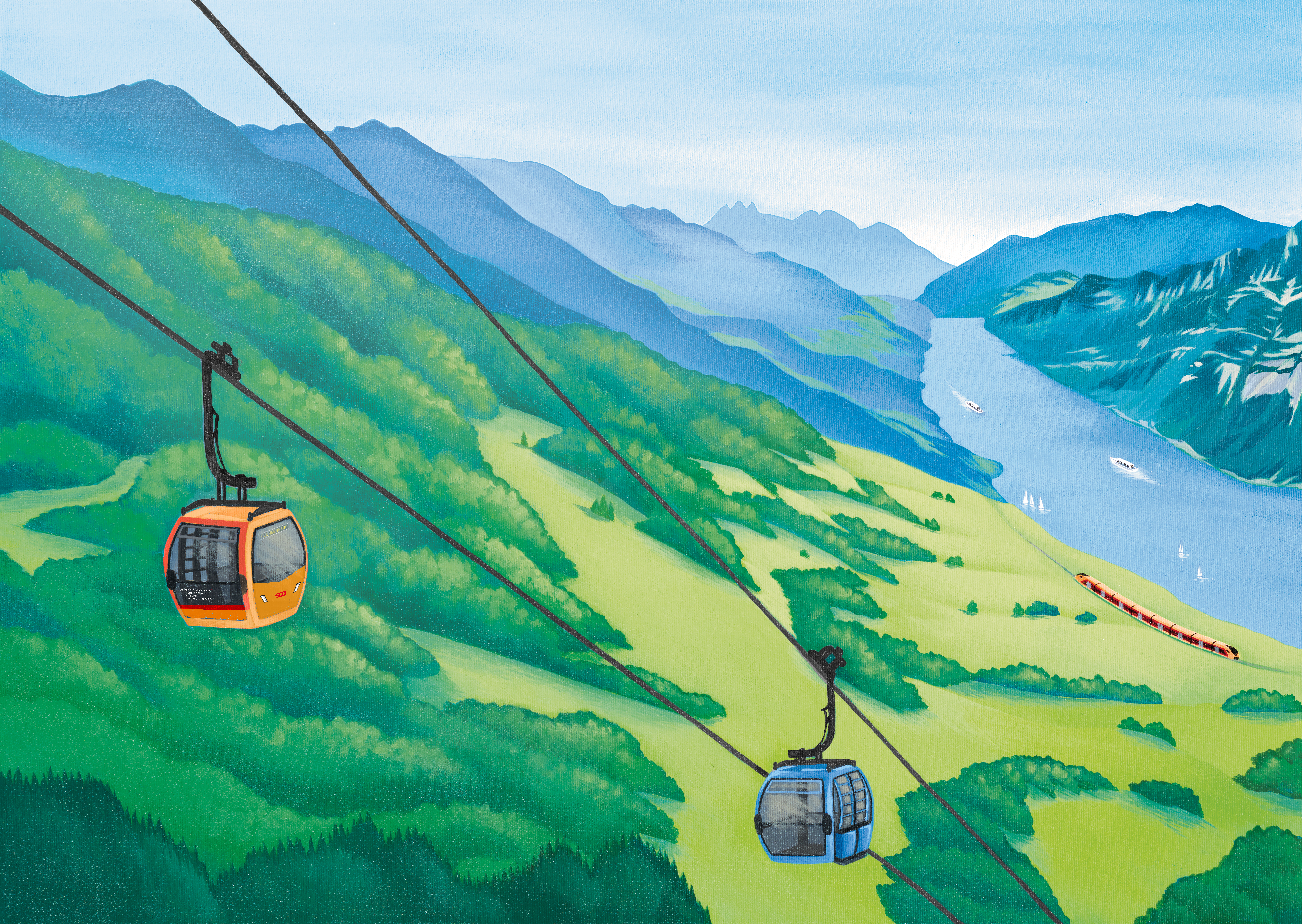 Illustration des Interregio Aare Linth am Walensee mit kupferfarbener Gondel, die zum Flumserberg führen, umgeben von grünen Wiesen.