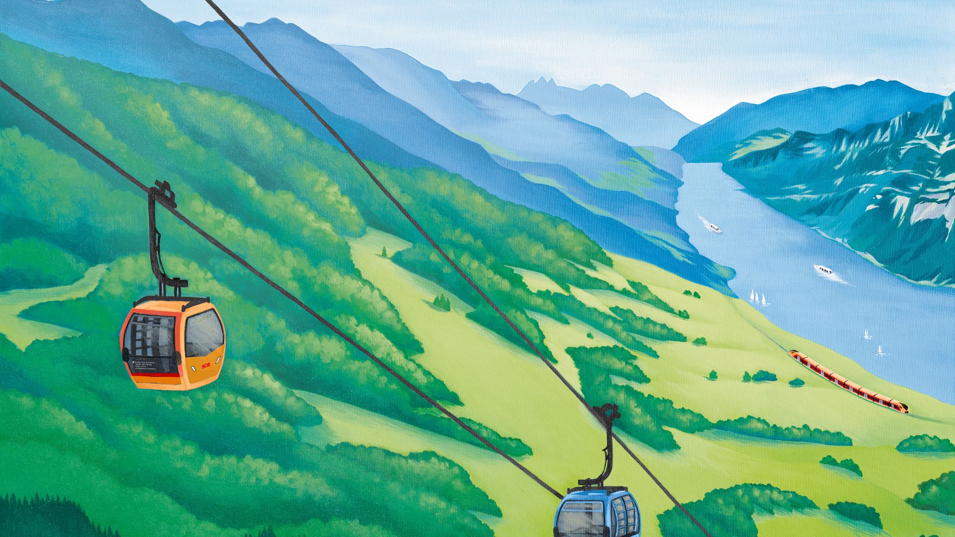 Illustration des Interregio Aare Linth am Walensee mit kupferfarbener Gondel, die zum Flumserberg führen, umgeben von grünen Wiesen.