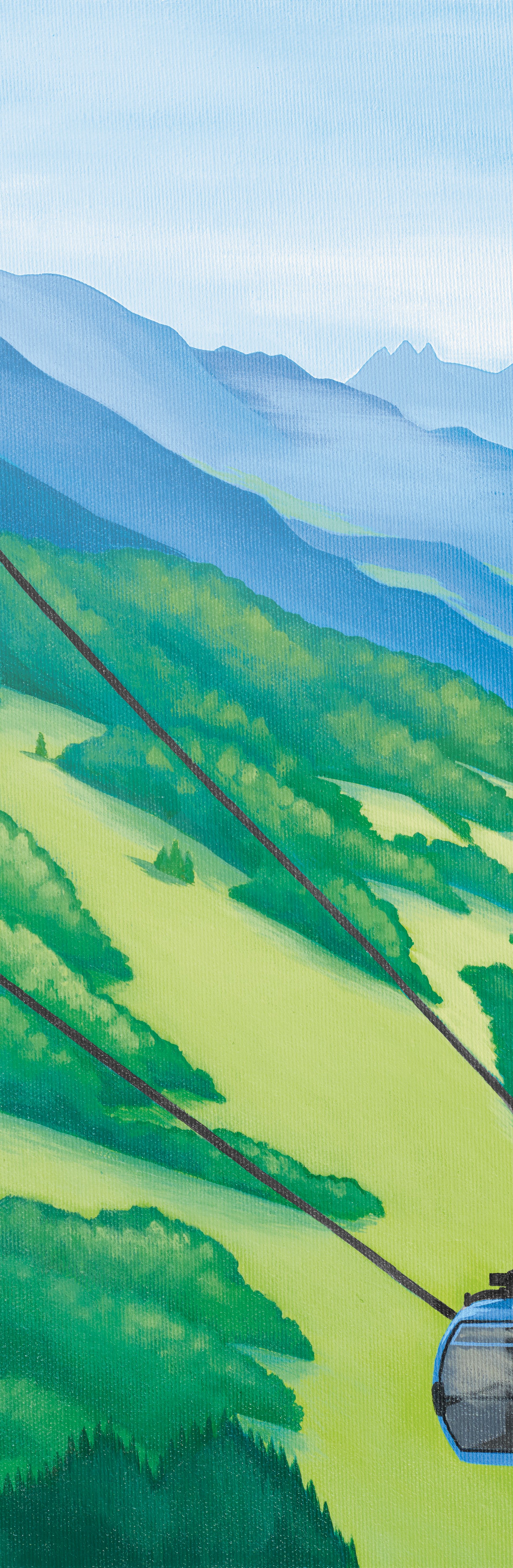 Illustration des Interregio Aare Linth am Walensee mit kupferfarbener Gondel, die zum Flumserberg führen, umgeben von grünen Wiesen.