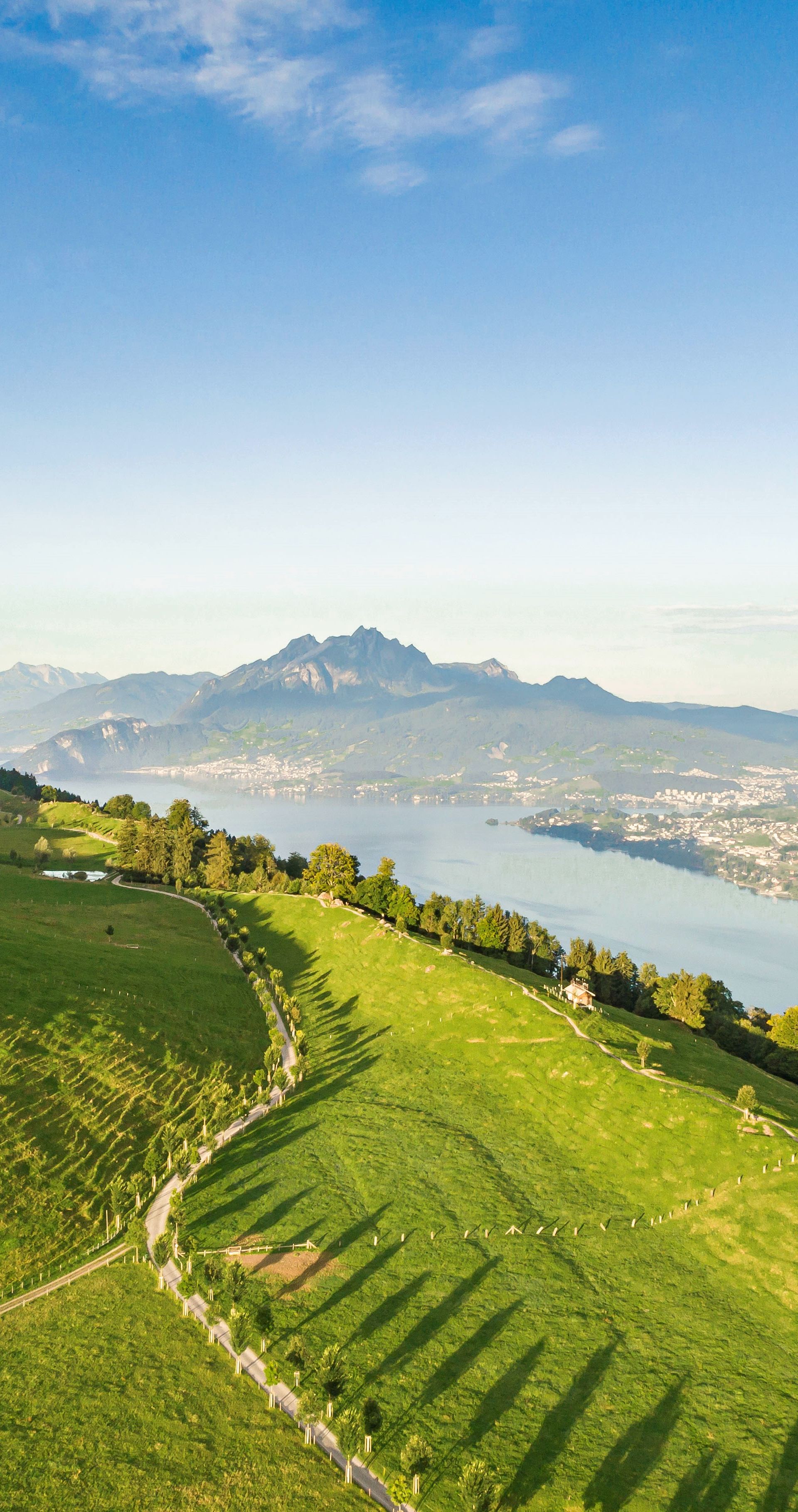 Vista estiva dalla Seebodenalp sopra Küssnacht am Rigi sul Lago dei Quattro Cantoni e sul monte Pilatus, con prati verdi e luce limpida di montagna.