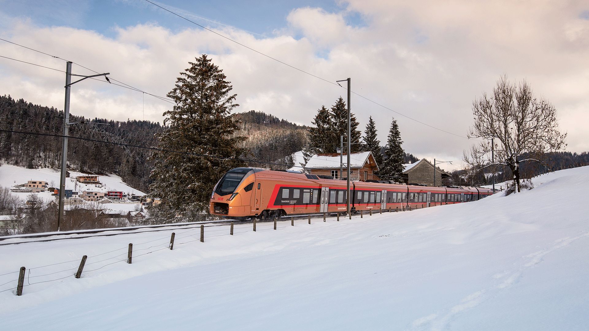 Kupferfarbener Zug fährt durch Winterlandschaft