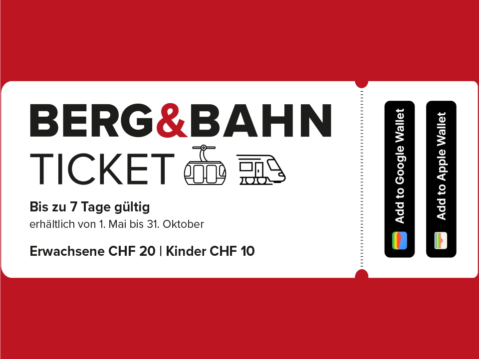 Bis zu 7 Tage mit Bergbahnen und Zug grenzenlos unterwegs sein

Das «Berg&BahnTicket» ist vom 1. Mai bis 31. Oktober erhältlich und kann ausschliesslich über die Gästekarte bezogen werden.