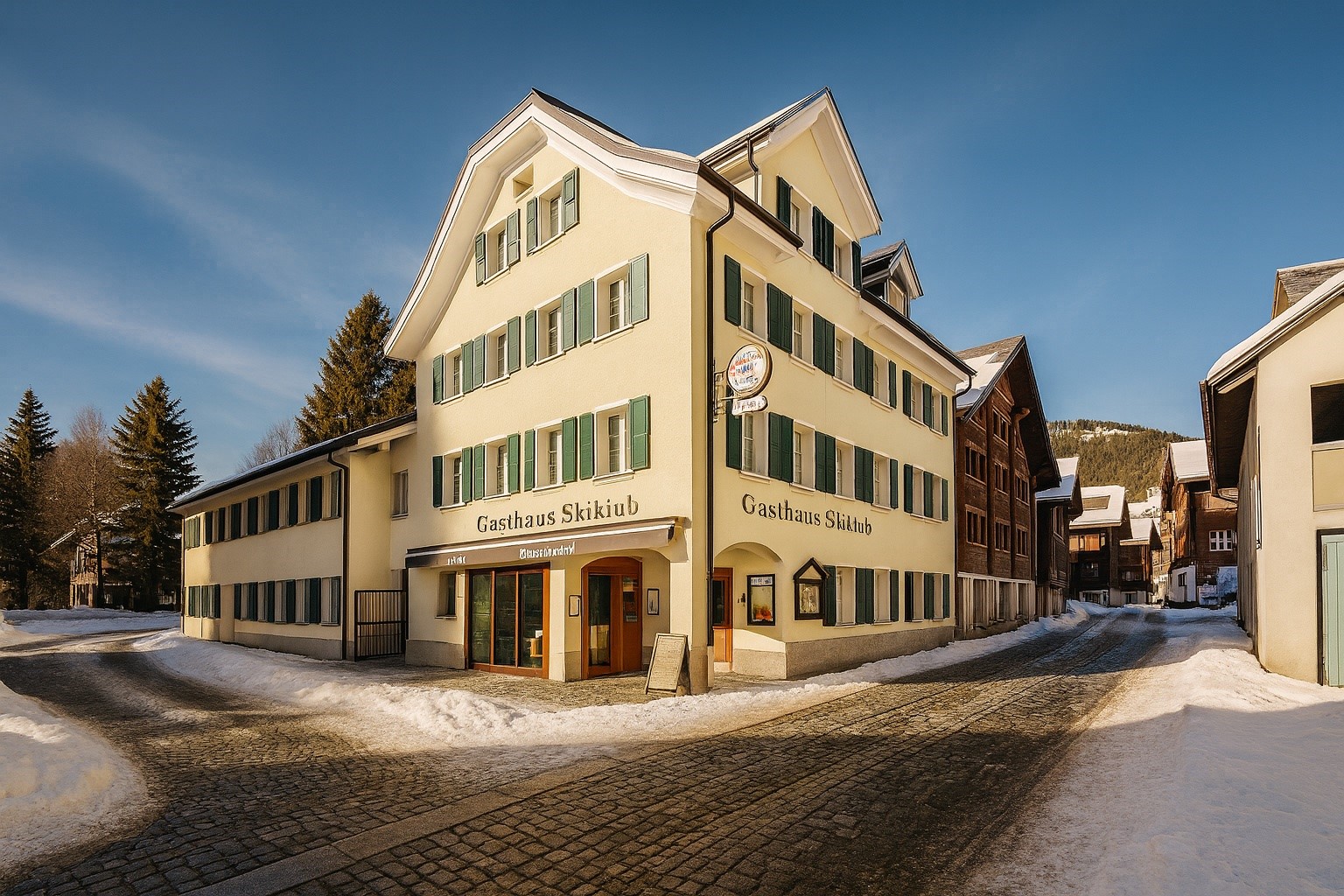 Osteria a tre piani con persiane verdi e scritta « Gasthaus Skiklub » sulla facciata in strada di paese innevata