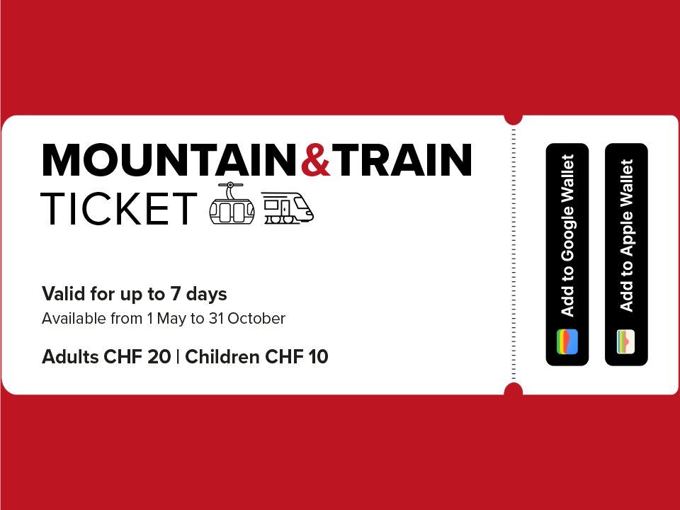 Bis zu 7 Tage mit Bergbahnen und Zug grenzenlos unterwegs sein

Das «Berg&BahnTicket» ist vom 1. Mai bis 31. Oktober erhältlich und kann ausschliesslich über die Gästekarte bezogen werden.