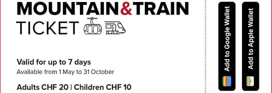 Mountain&TrainTicket Bis zu 7 Tage mit Bergbahnen und Zug grenzenlos unterwegs sein
Das «Berg&BahnTicket» ist vom 1. Mai bis 31. Oktober erhältlich und kann ausschliesslich über die Gästekarte bezogen werden.