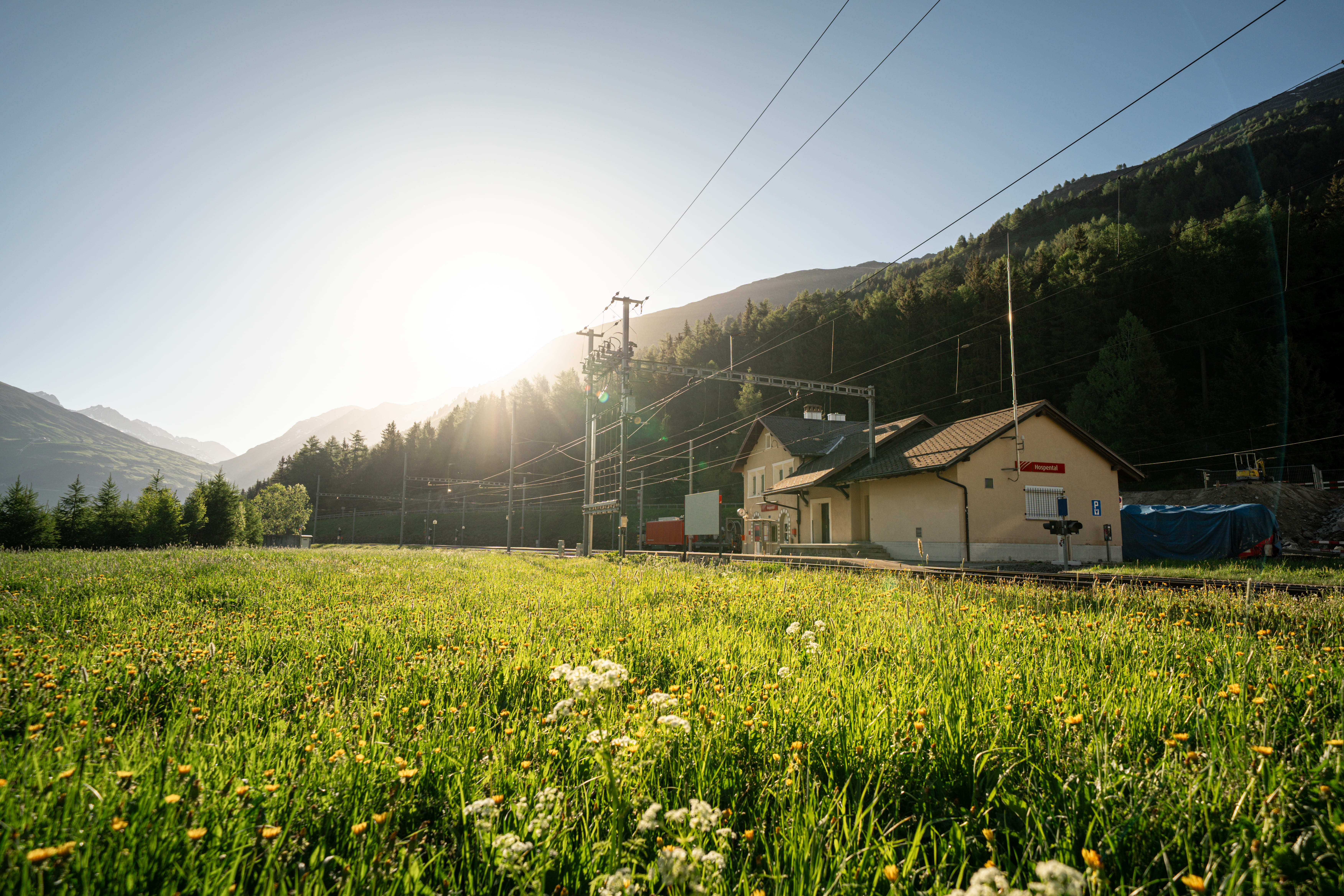 Bahnhof Hospental mit Blumenwiese im Vordergrund