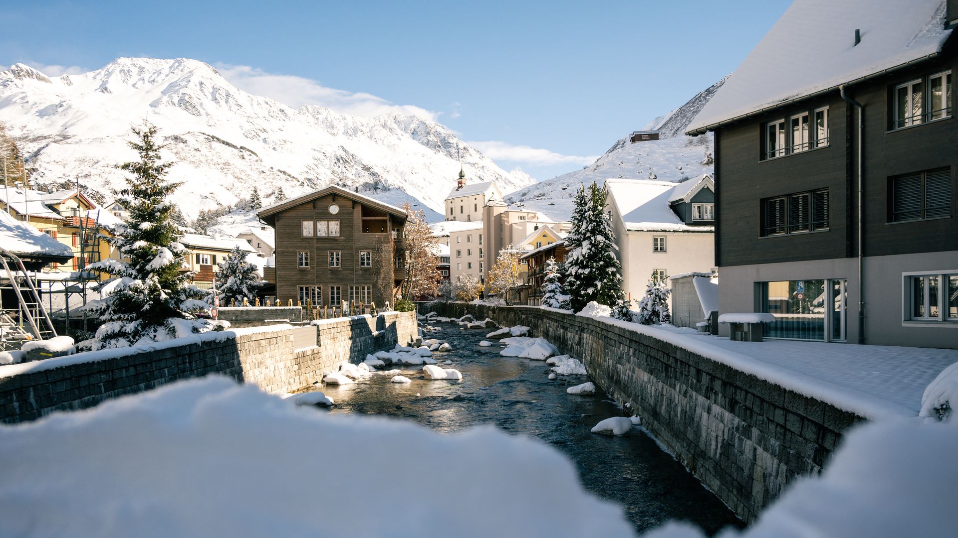 Andermatt village bridge Winter