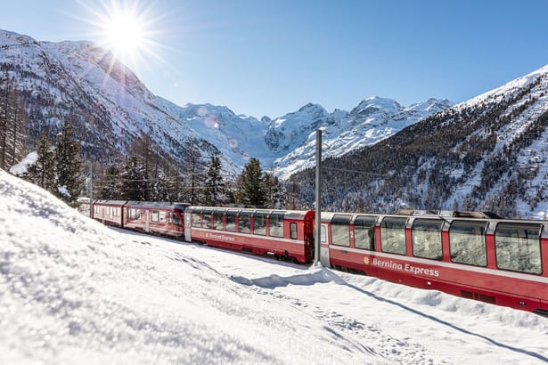 Bernina Express in the Montobello Curve in winter