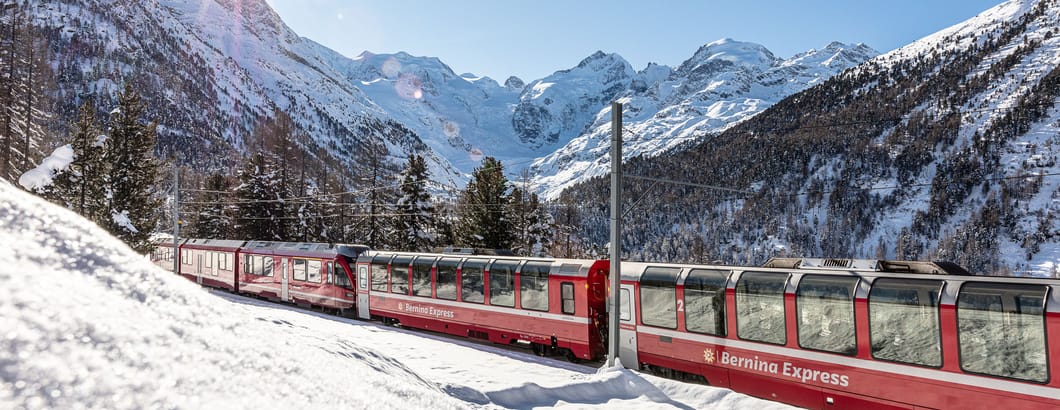 Bernina Express in the Montobello Curve in winter
