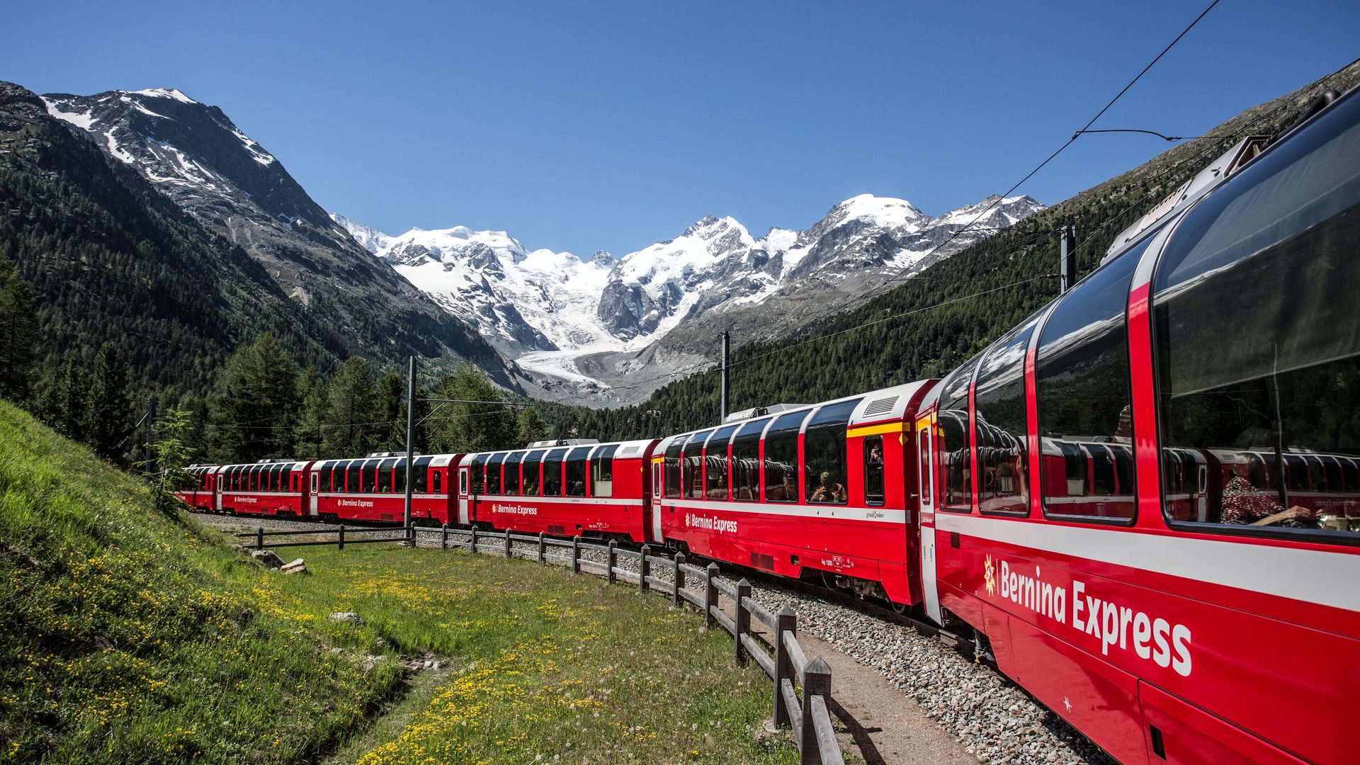 Bernina Express in the Montobello Curve in summer