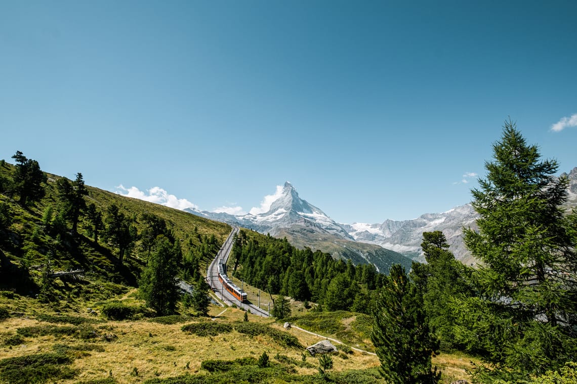 Gornergrat Bahn curve above Riffelalp in summer