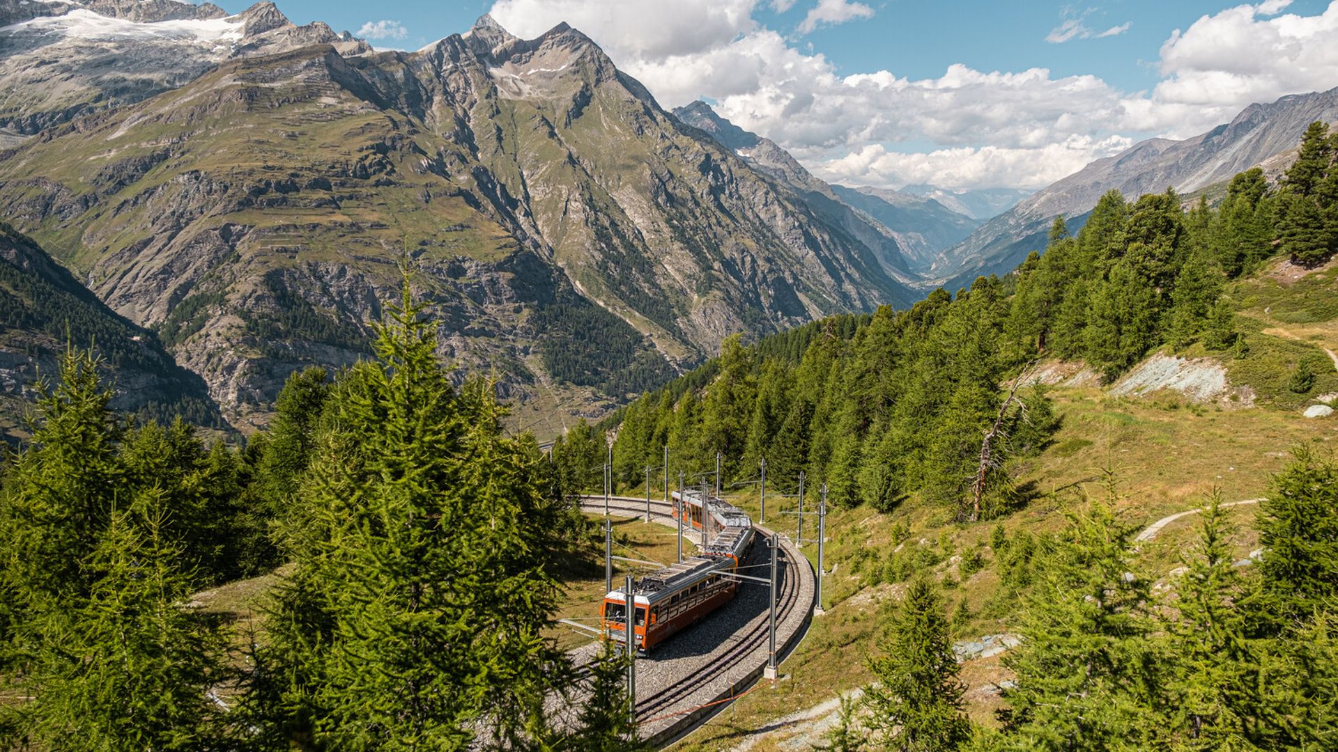Gornergrat Bahn at the curve above Riffelalp in summer
