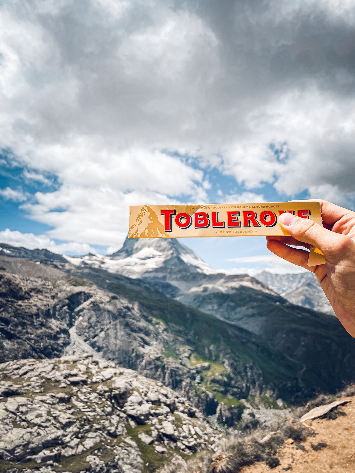 Toblerone packaging photo with the Matterhorn from Rotenboden, Gornergrat, Zermatt, Switzerland