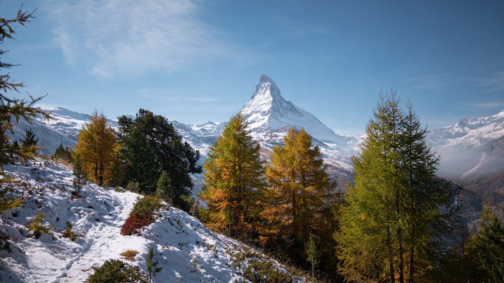 Hiking trail on Riffelalp above Zermatt in autumn