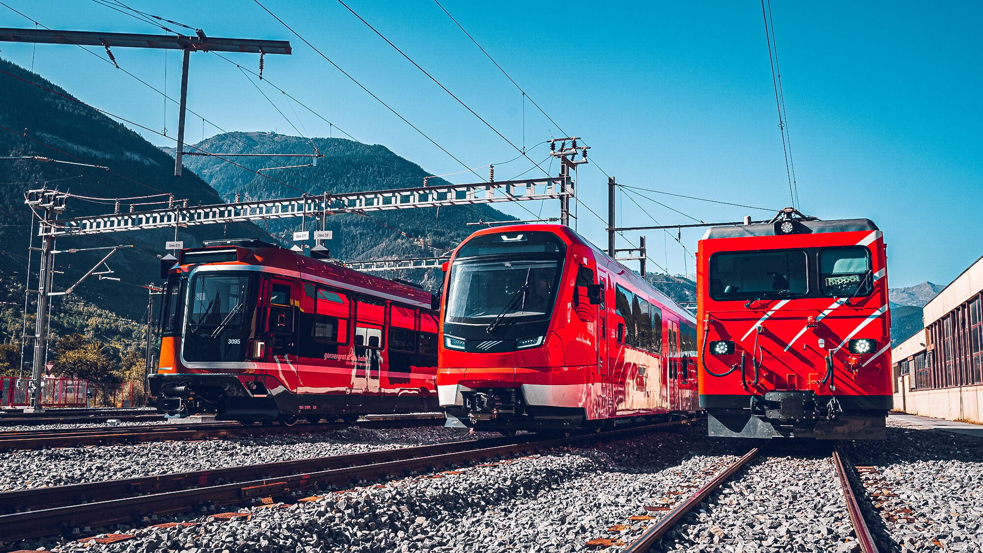 Polaris, Orion and HGE of the Matterhorn Gotthard Railway at the Glisergrund depot