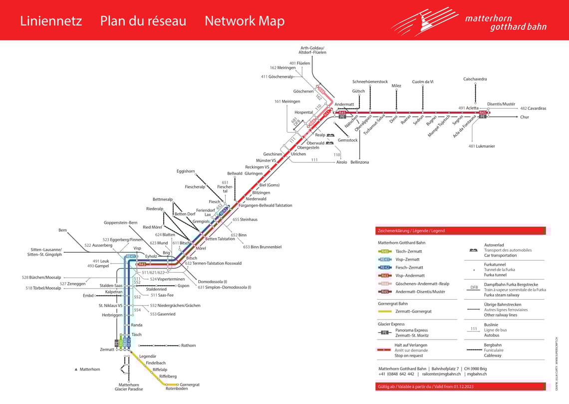 Matterhorn Gotthard Bahn network overview of the entire route network of the Matterhorn Gotthard Bahn, from Zermatt till Disentis