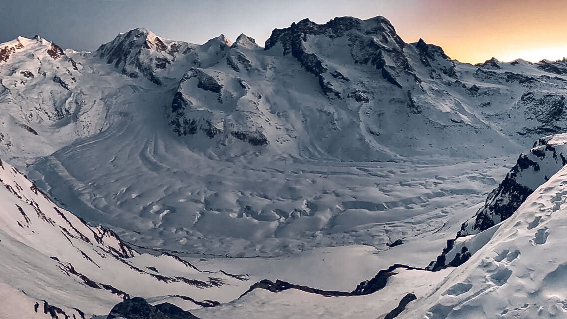 Gorner glacier in winter in the evening 