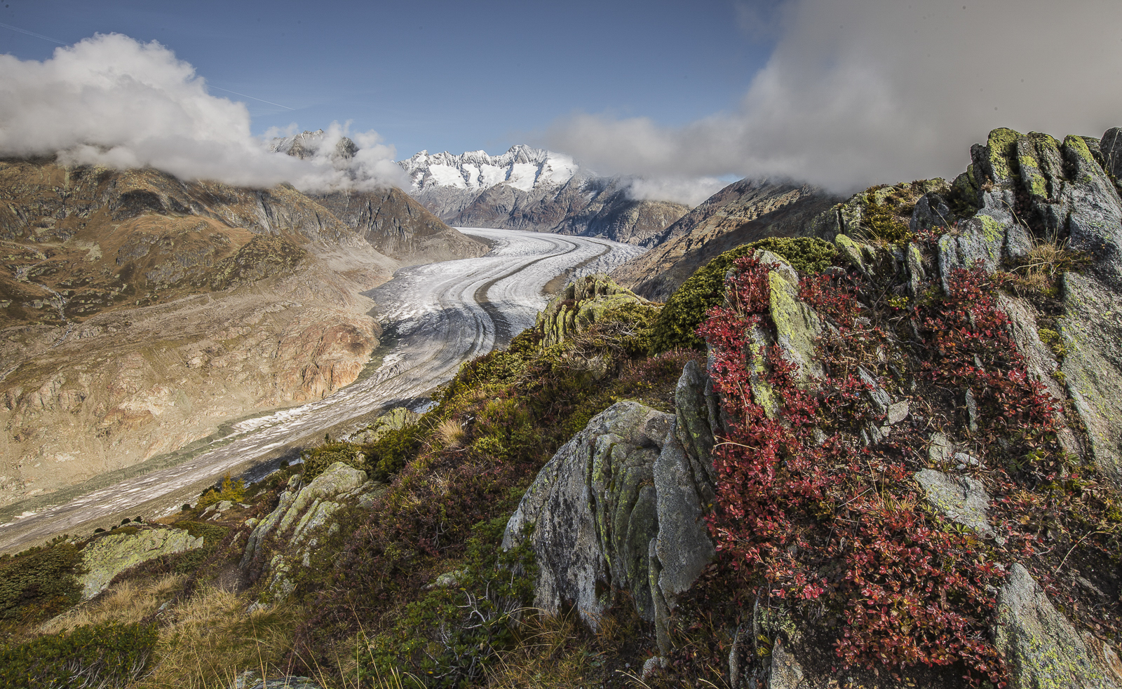 Le glacier d'Aletsch lors d'une journée partiellement ensoleillée. Les couleurs du sol varient entre le vert, le bleu, le brun et le blanc. 