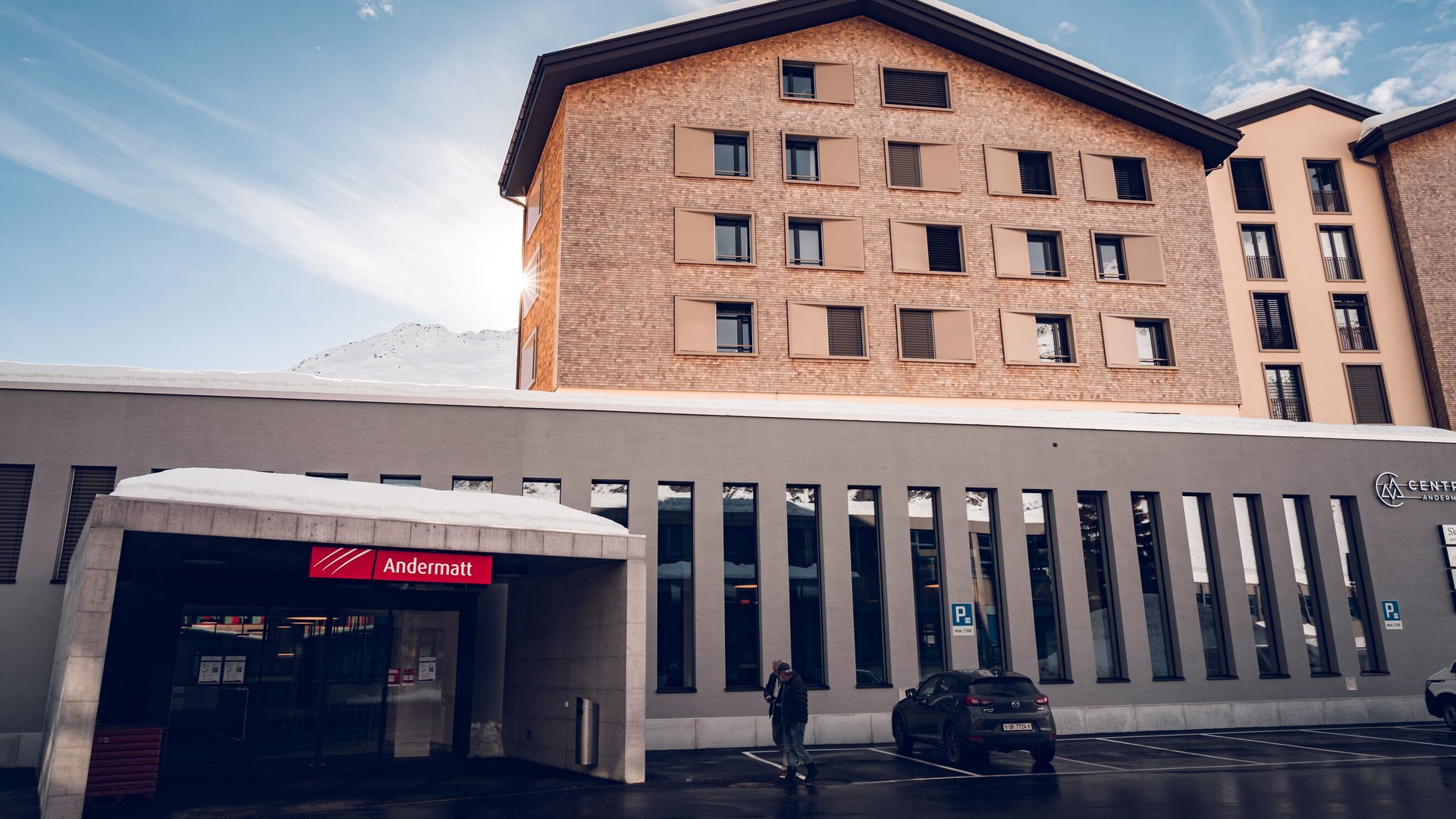 Andermatt train station of the Matterhorn Gotthard Railway in winter