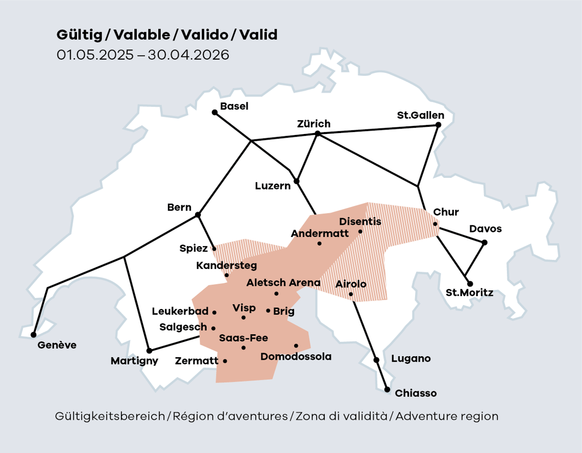Map MGPass Overview map of the area of validity of the Matterhorn Gotthard Pass
