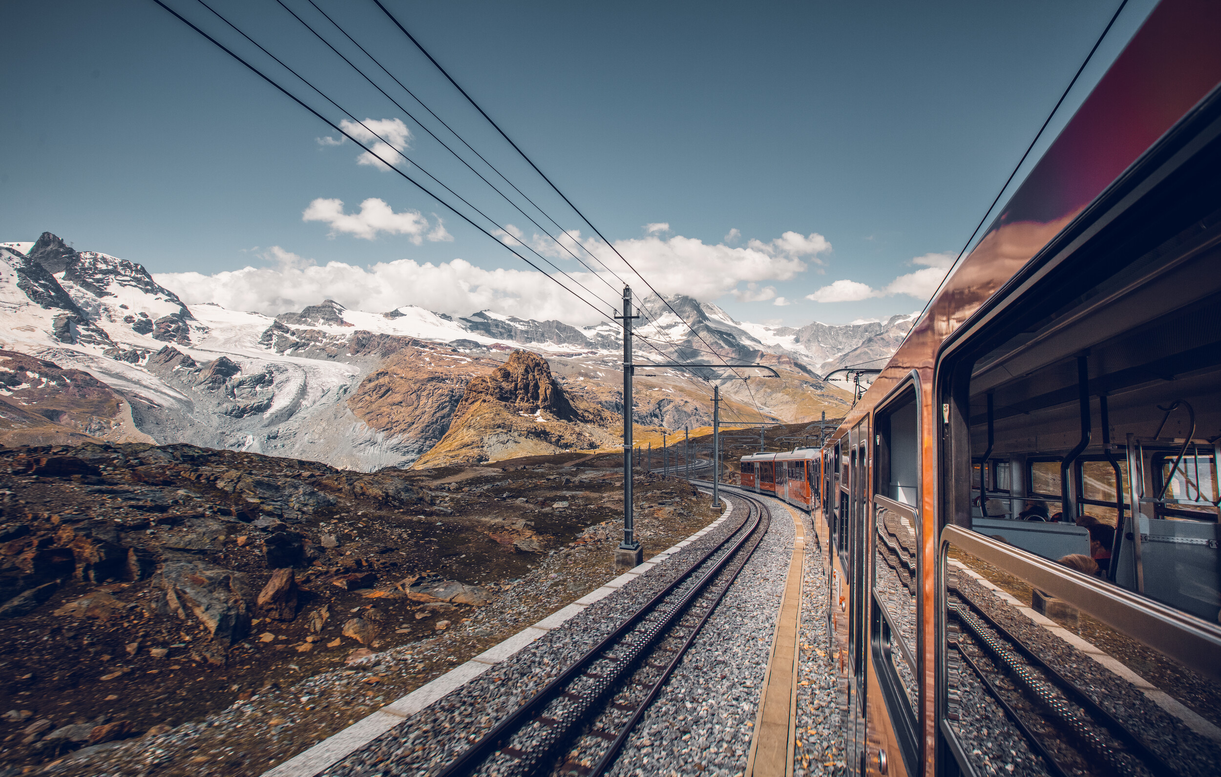 Gornergrat Bahn on the track at Rotenboden in summer