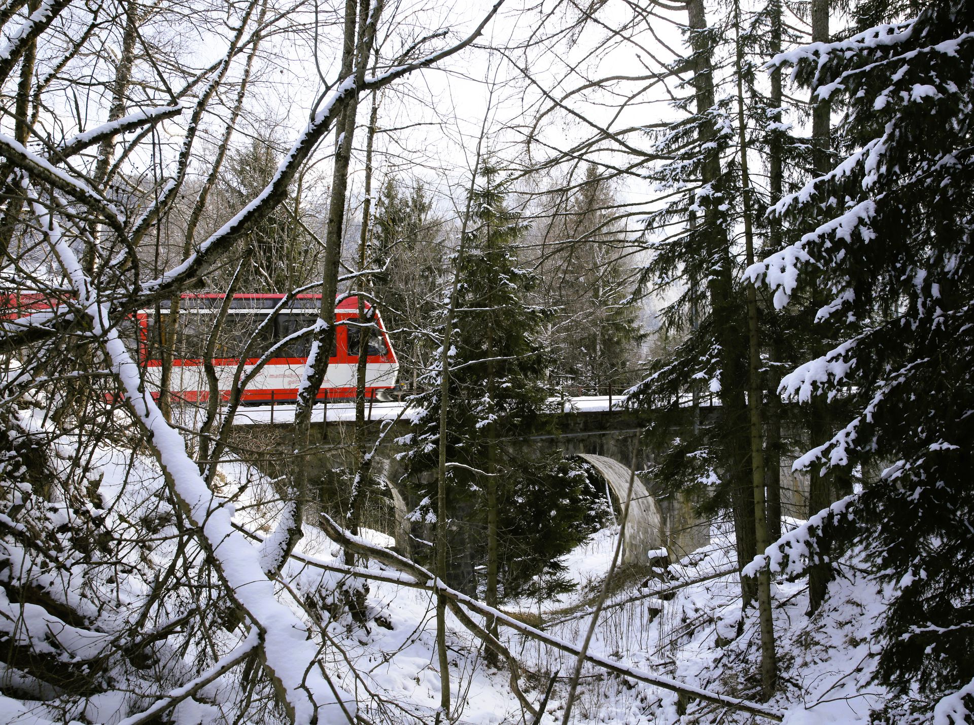 KOMET im Wald, Winter, Matterhorn Gotthard Bahn KOMET im Wald, Winter, Matterhorn Gotthard Bahn