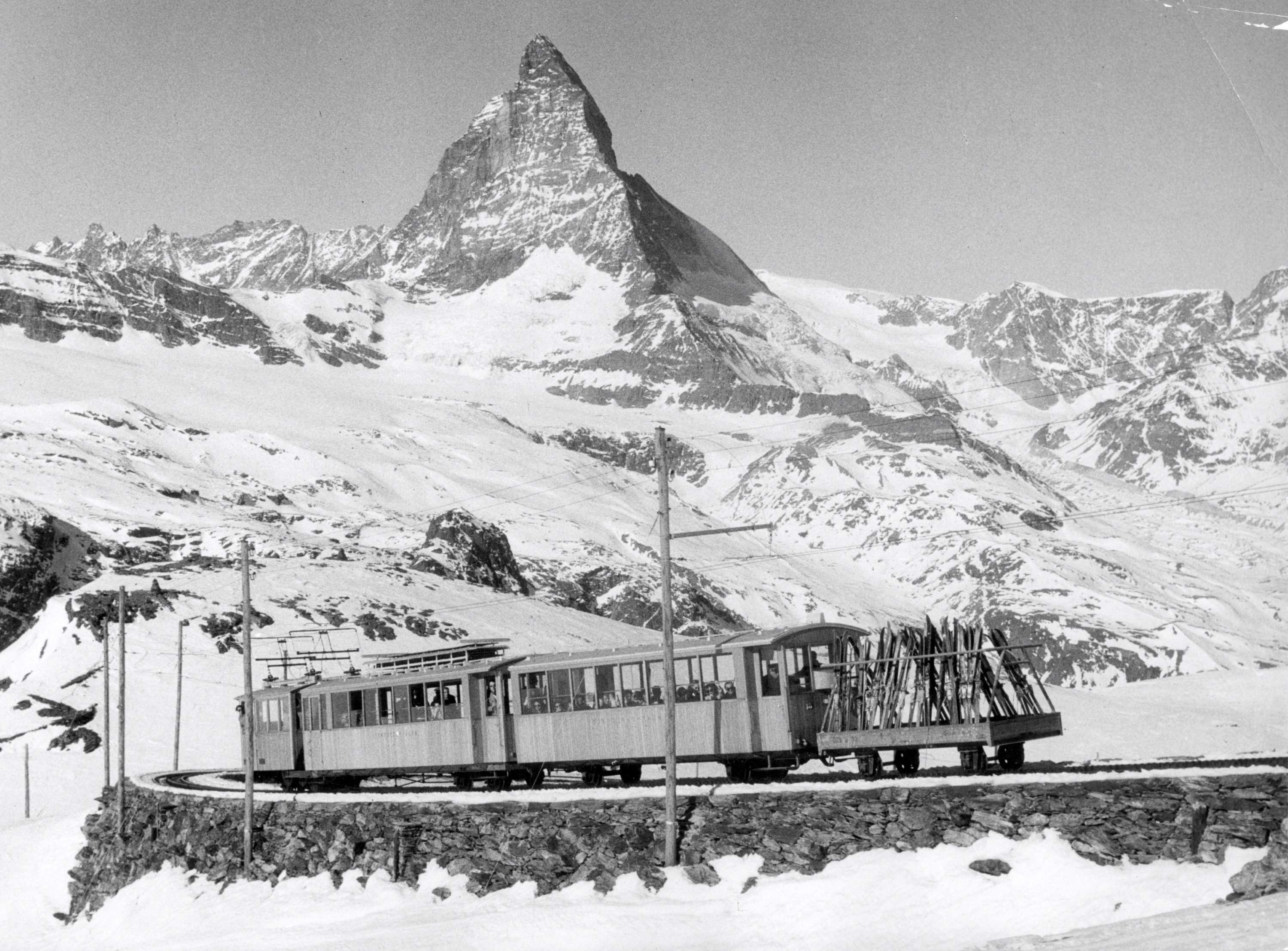 Historic ski train on the Gornergrat above Zermatt in winter