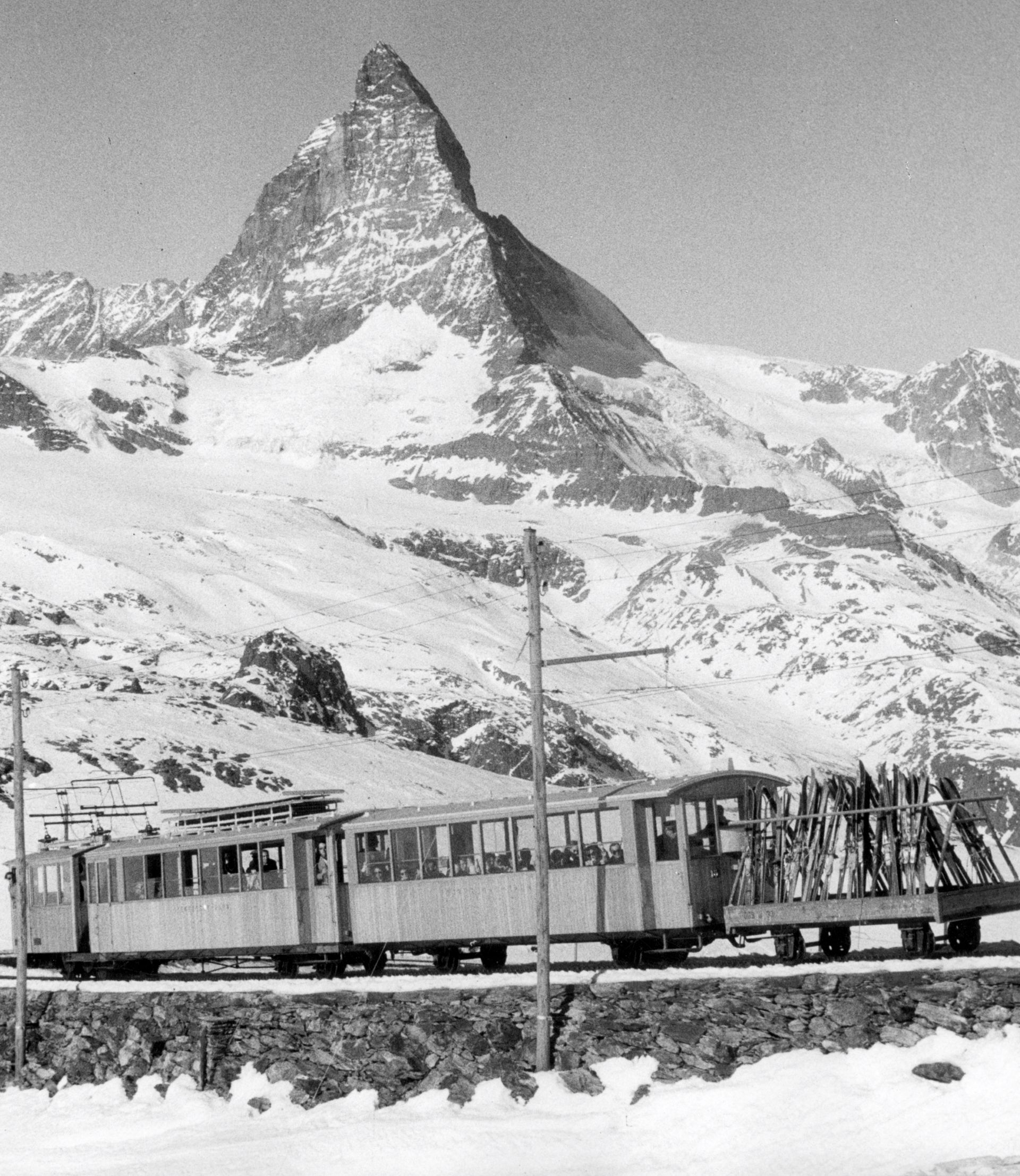 Historic ski train on the Gornergrat above Zermatt in winter