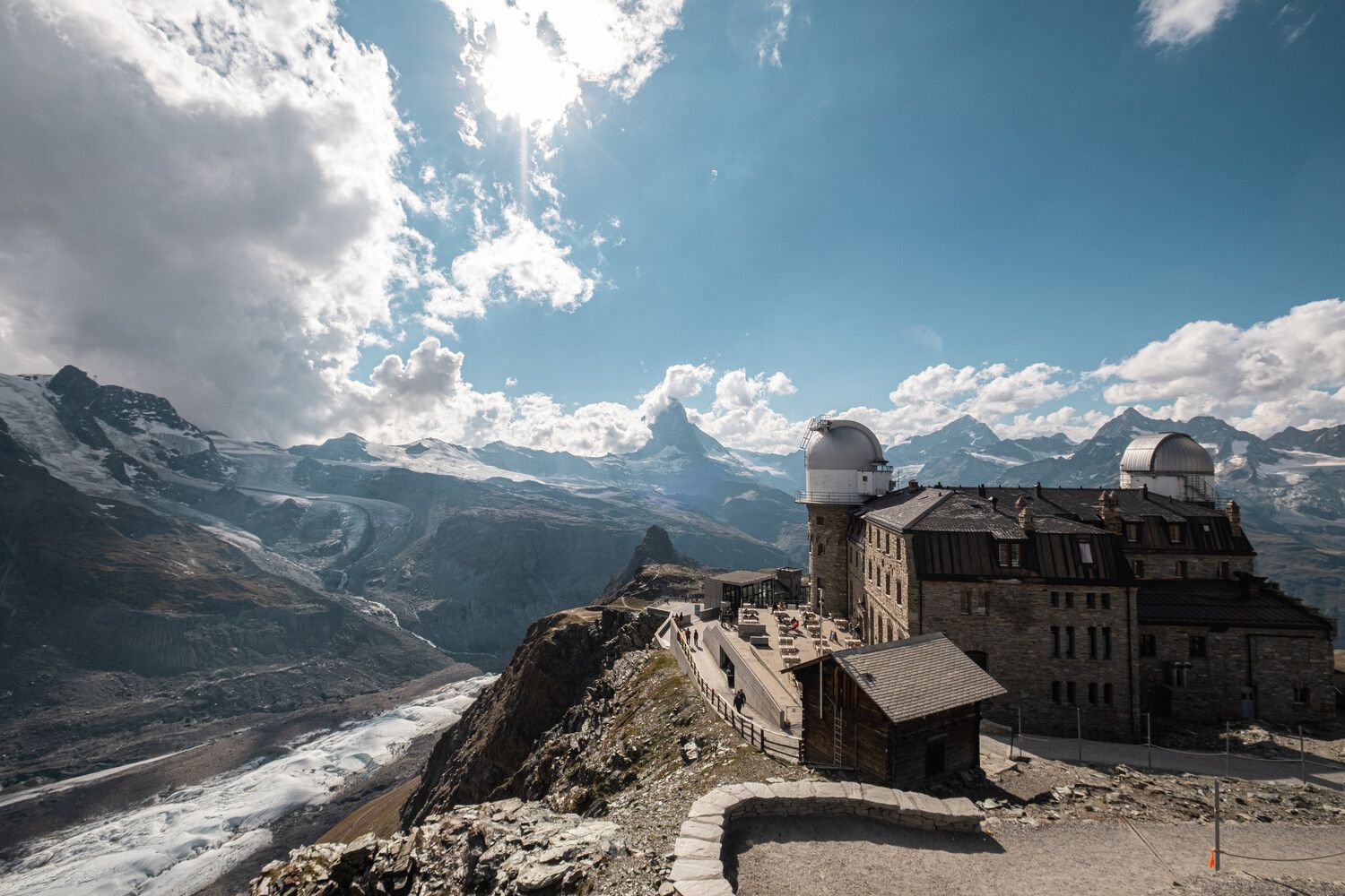View of the Matterhorn and the Kulmhotel from the viewing platform