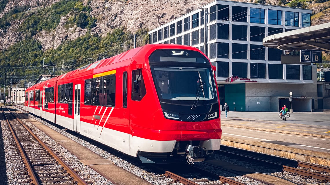 New Orion multiple unit of the Matterhorn Gotthard Railway at Brig train station