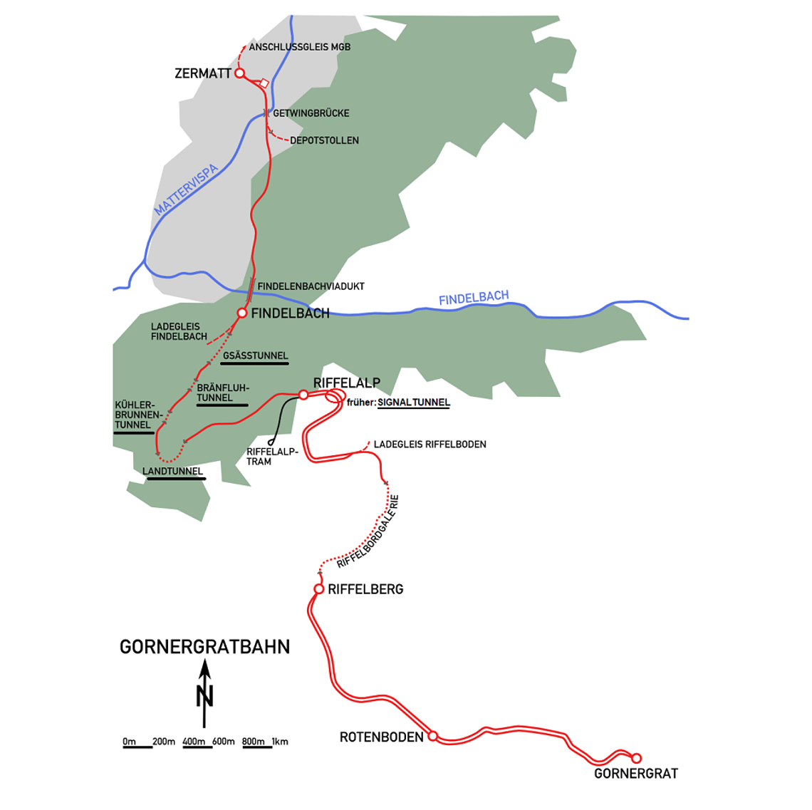 Karte Strecke Gornergrat Bahn mit 5 Tunnel
