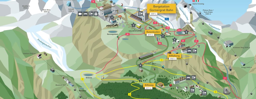 Carte panoramique interactive Gornergrat, été  Carte panoramique interactive Gornergrat, été