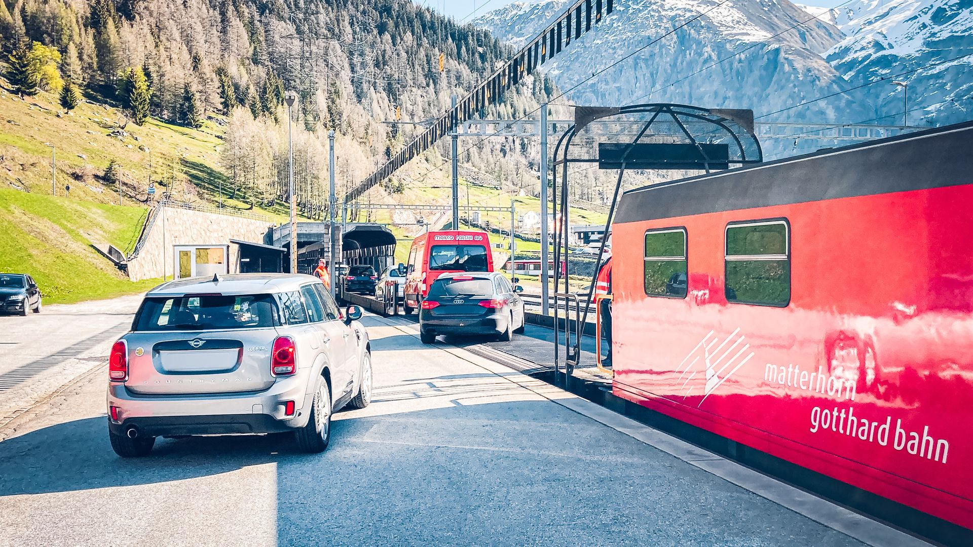 Ascent Oberwald Furka car transport in spring, Valais, Switzerland