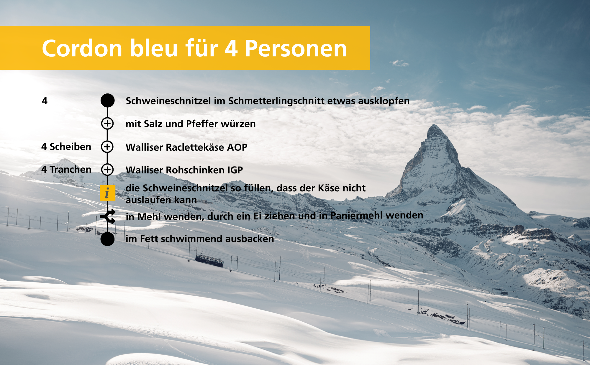 Schritt-für-Schritt erklärtes Rezept für Cordon bleu für 4 Personen.